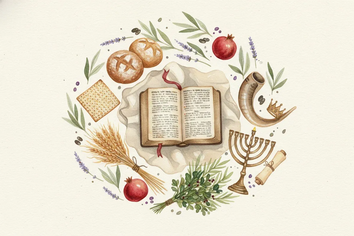 Watercolor painting of an open Bible surrounded by symbolic objects of the biblical feasts — matzah, barley, bread, shofar, sukkah branches, menorah, and crown — with olive branches, pomegranates, and lavender