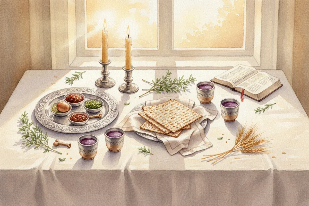 Watercolor painting of a Passover seder table with matzah, a silver seder plate, lit candles, cups of grape juice, and spring barley sprigs on cream linen