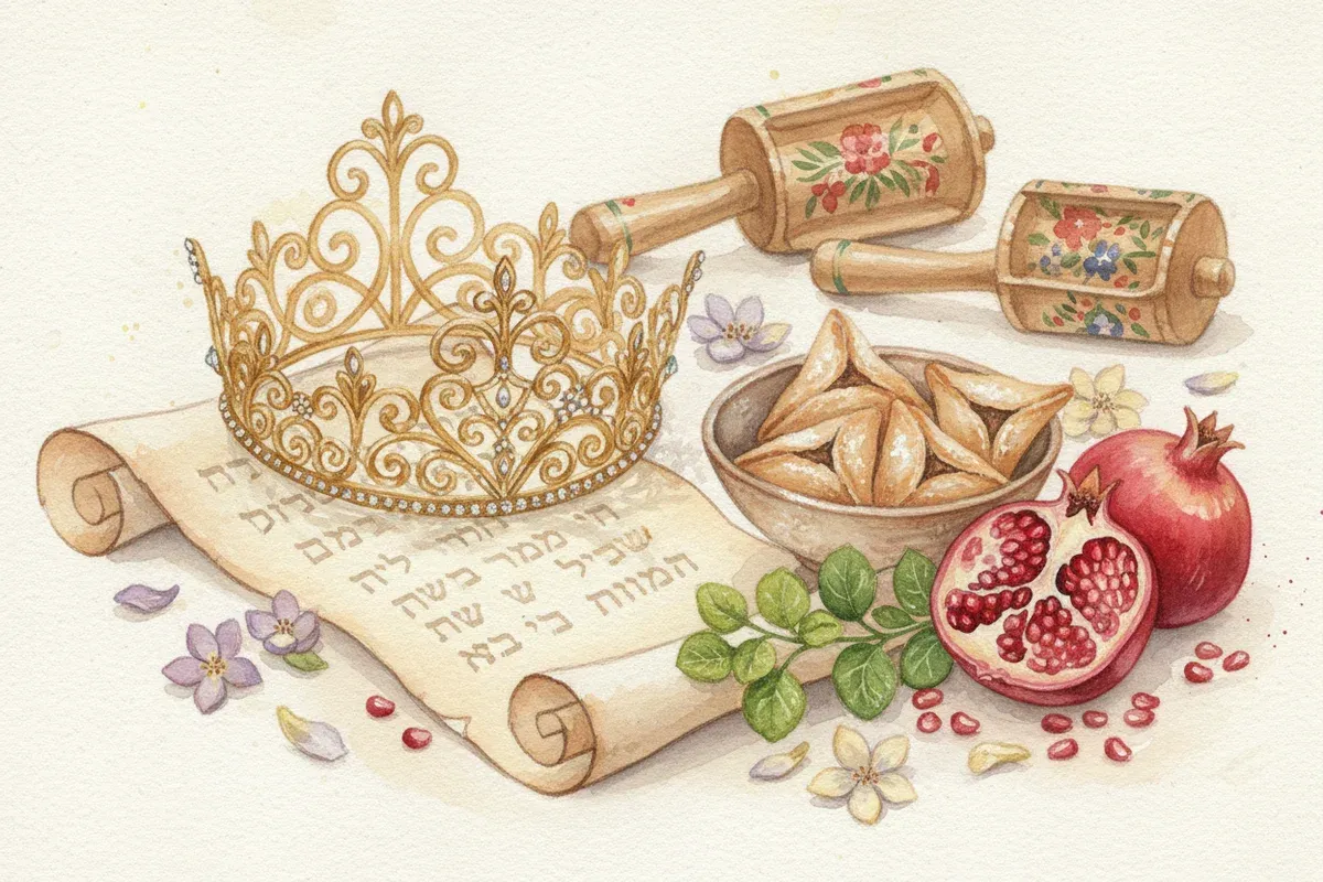 Watercolor painting of a Purim tableau with a gold crown resting on an open scroll, hamantaschen pastries, pomegranates, and spring blossoms