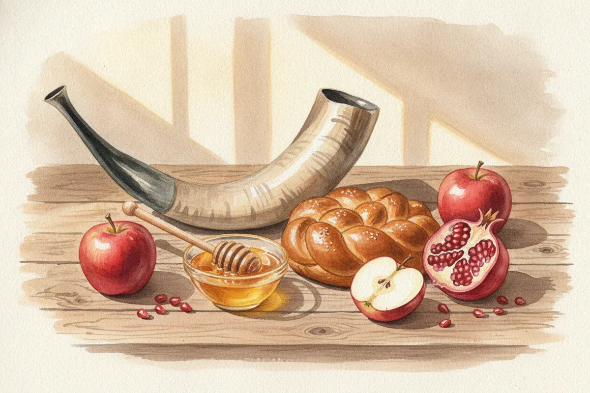 A child traces a shofar pre-writing practice page from the Messianic Rosh Hashanah activity bundle beside a watercolor cover with pomegranates, apples, honey, candles, and a shofar