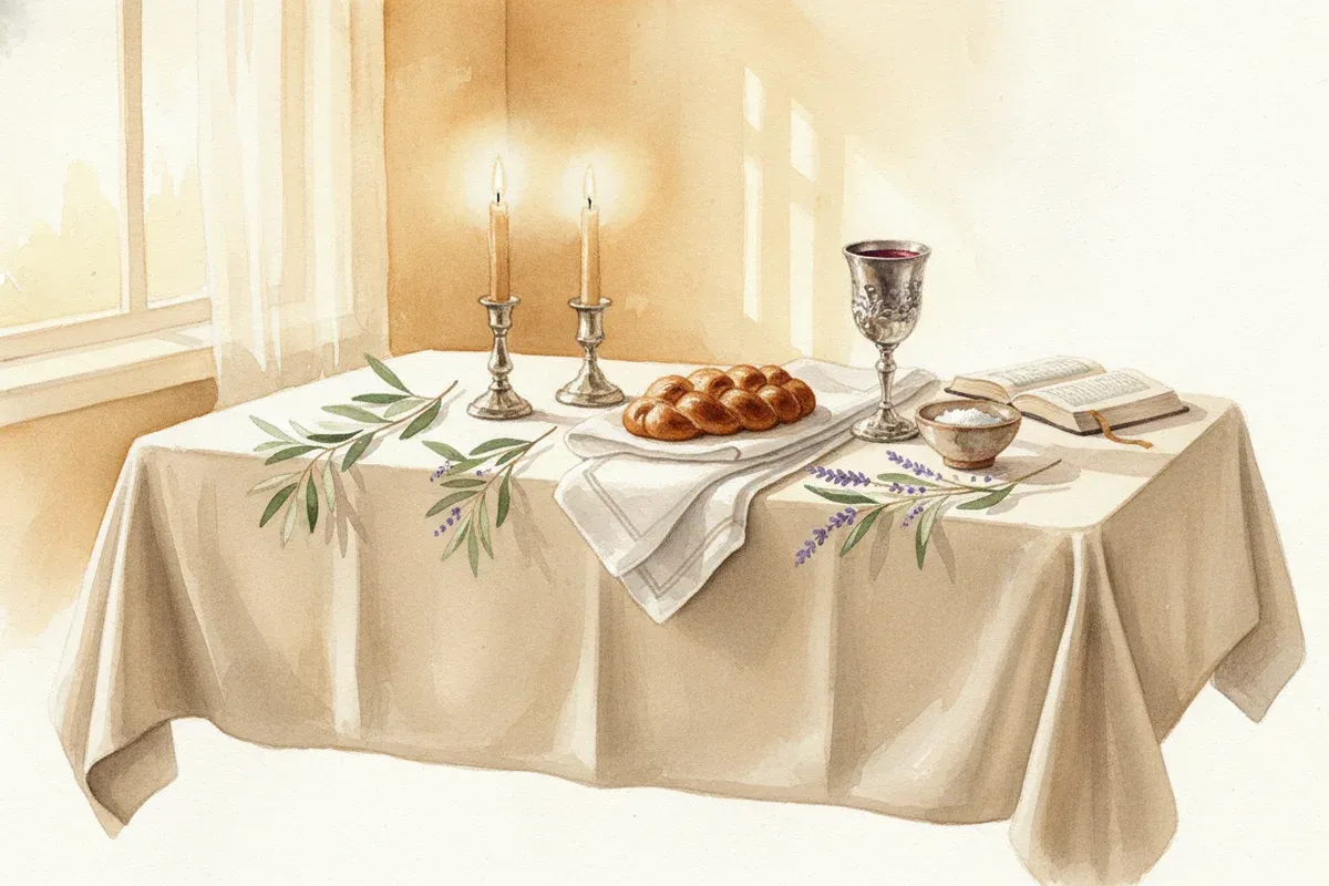 Watercolor painting of a Shabbat family table at golden hour with two lit candles, a small braided challah, an ornate silver kiddush cup of wine, an open Bible, and sprigs of olive and lavender
