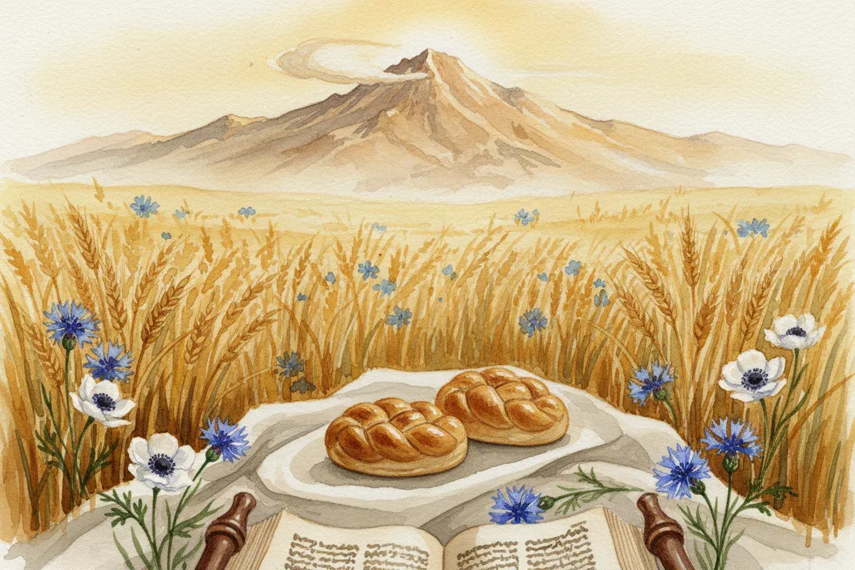 Watercolor painting of a Shavuot scene with Mount Sinai at sunrise, golden wheat fields, two loaves of braided bread, and an open Torah scroll
