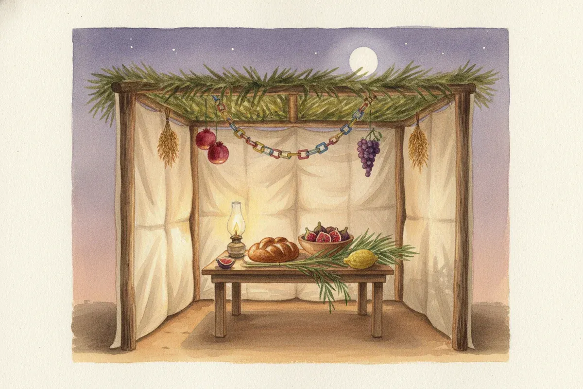 Watercolor painting of a backyard sukkah at dusk with cloth walls, a roof of loose palm branches with the moon and stars showing through, a paper chain, hanging pomegranates and grapes, and a wooden table set with an oil lamp, round bread, a bowl of figs, a lulav, and an etrog