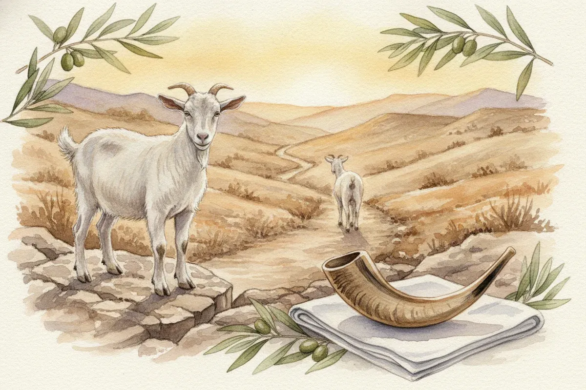 Watercolor painting of the two goats of Yom Kippur in the Judean wilderness at sunrise, one standing on a rocky ledge and one walking away down the path into the hills, with a ram horn shofar resting on white linen and olive branches