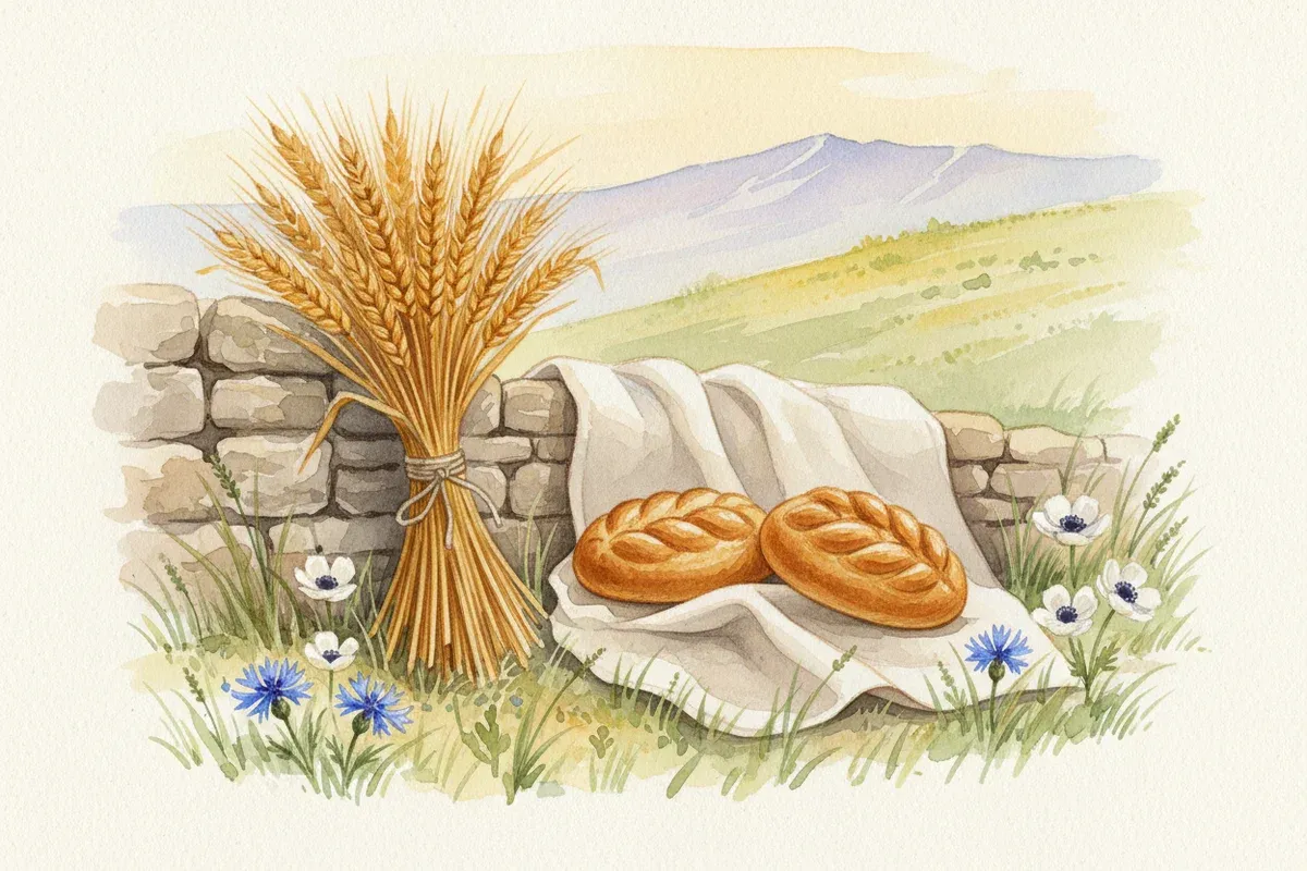 Watercolor painting of a sheaf of barley and a sheaf of wheat with two loaves of leavened bread on a sunlit hillside