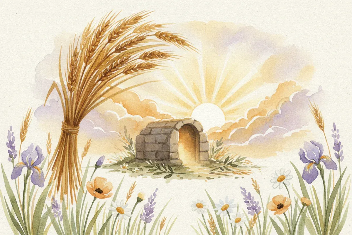 Watercolor painting of a golden sheaf of barley being lifted toward a sunlit sky with spring wildflowers and an empty tomb in the background