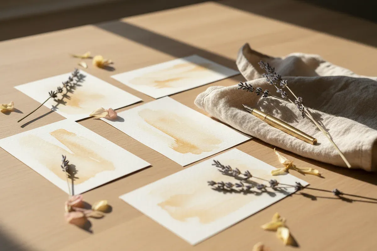 Flat lay of watercolor cards with dried lavender and a pen in warm natural light