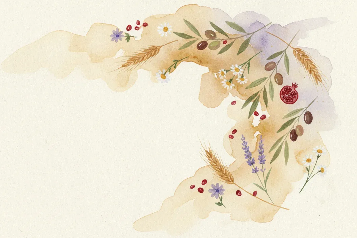 Abstract watercolor wash with wheat, olive branches, lavender, and pomegranate seeds on cream paper