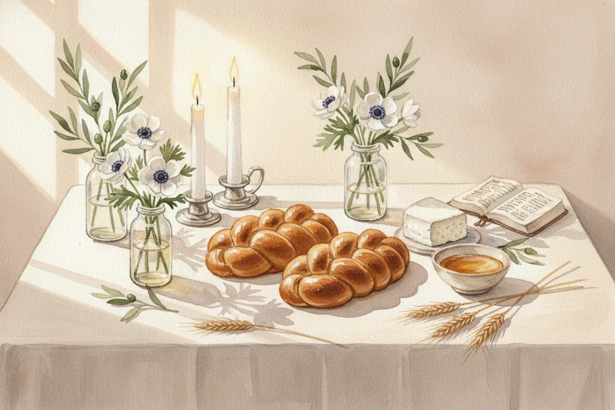 Watercolor painting of a warm Messianic Shavuot family table with two braided loaves of challah, lit candles, wildflowers in jars, and an open Bible on a linen cloth