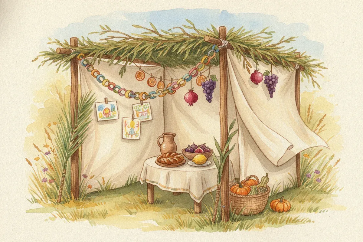 Watercolor painting of a homemade backyard sukkah for Sukkot with linen walls, a leafy branch roof, a paper chain, children's drawings pinned to the wall, hanging pomegranates and grapes, and a small table set with challah, figs, a pitcher, and an etrog