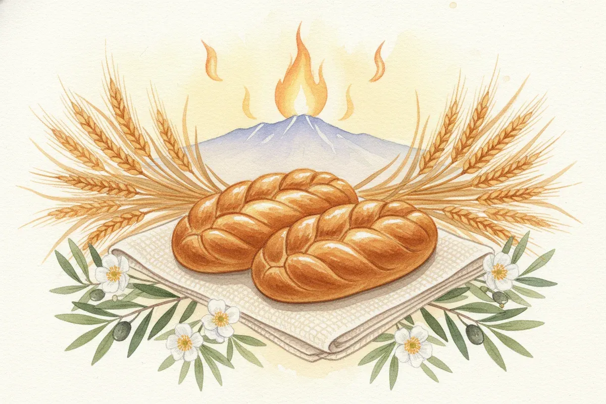 Watercolor painting of two braided loaves of leavened bread and golden wheat sheaves with tongues of flame above a distant mountain