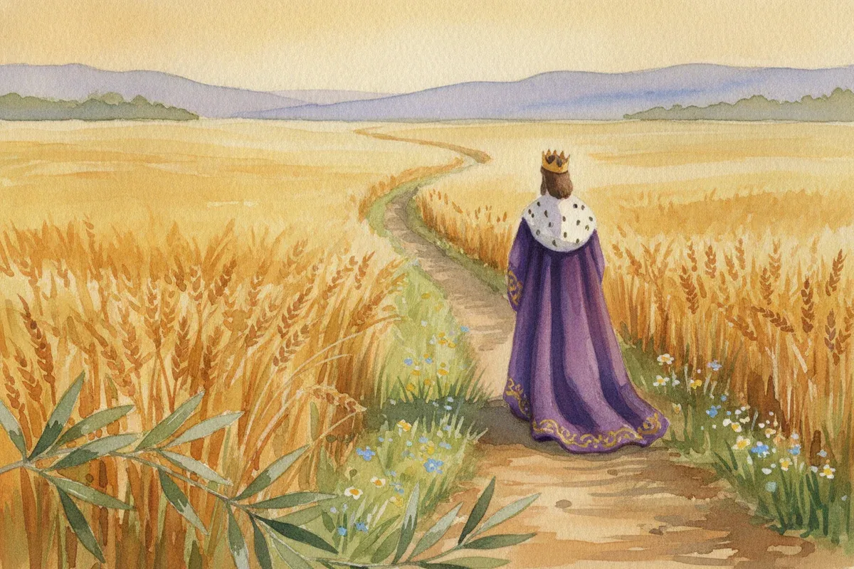 Watercolor painting of a king in a royal purple robe and golden crown walking away along a footpath through a golden wheat field toward distant hills