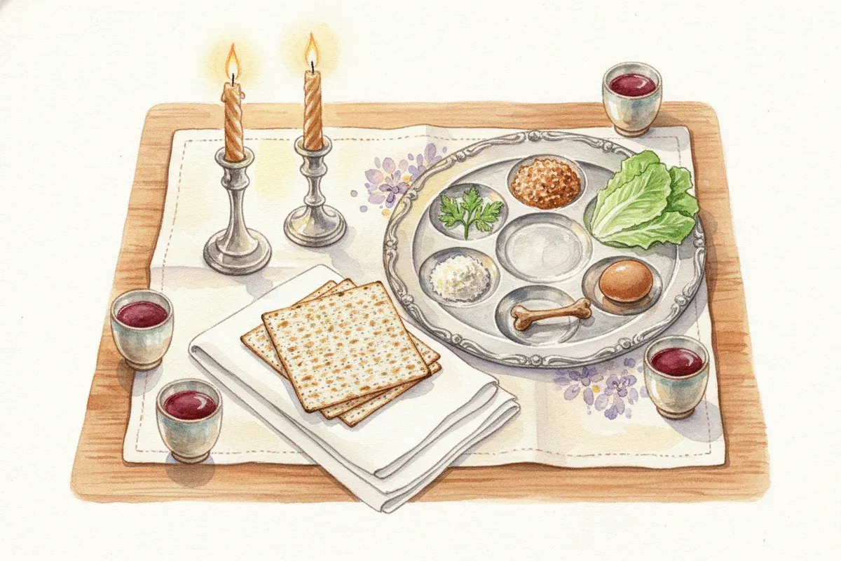 Watercolor painting of a warm Passover seder table with matzah, a seder plate, candles, and small cups of grape juice on a linen cloth