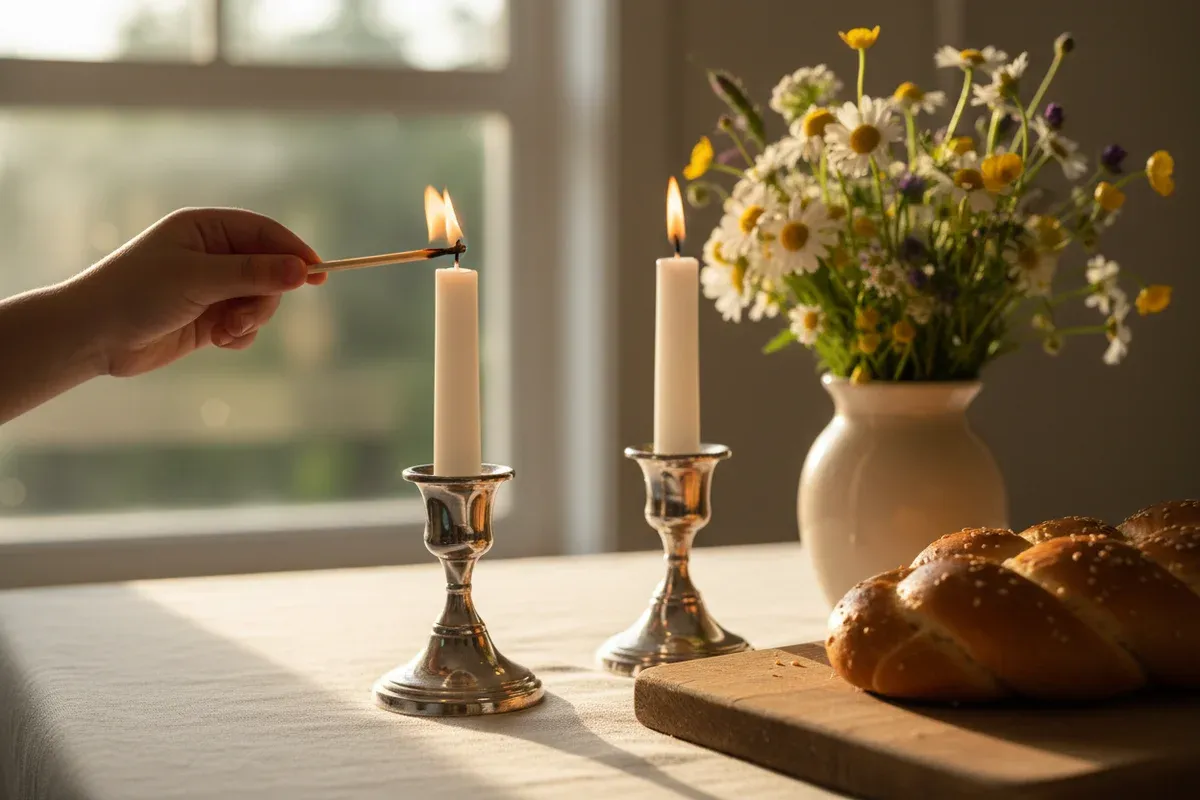 Child lighting Shabbat candles beside challah bread and wildflowers in golden hour light