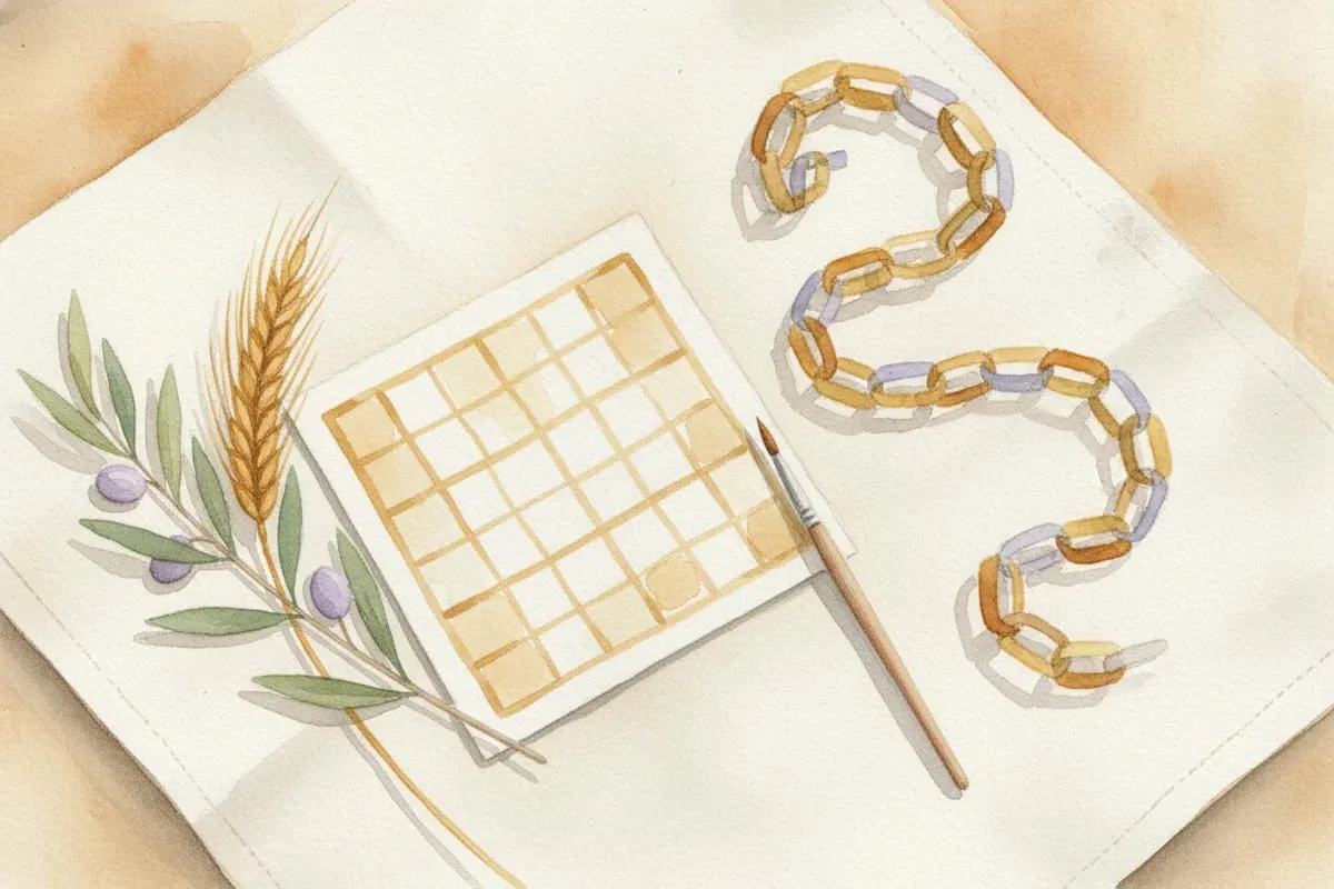 Watercolor painting of a Counting the Omer activity for kids — a printable counting chart, a paper chain of fifty links, a sheaf of barley, and an olive branch on a cream linen tablecloth