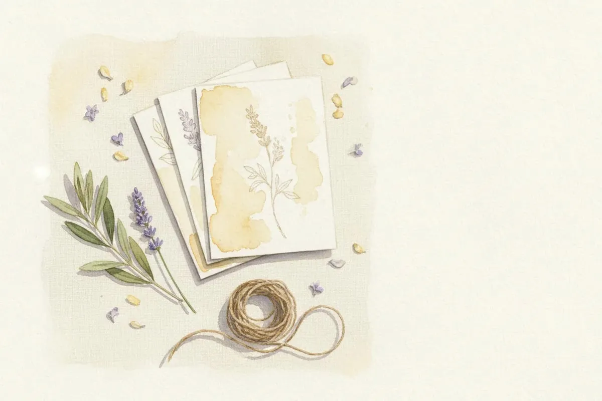 Soft watercolor still life of a stack of cream paper printables with a sprig of olive branch and lavender on cream linen