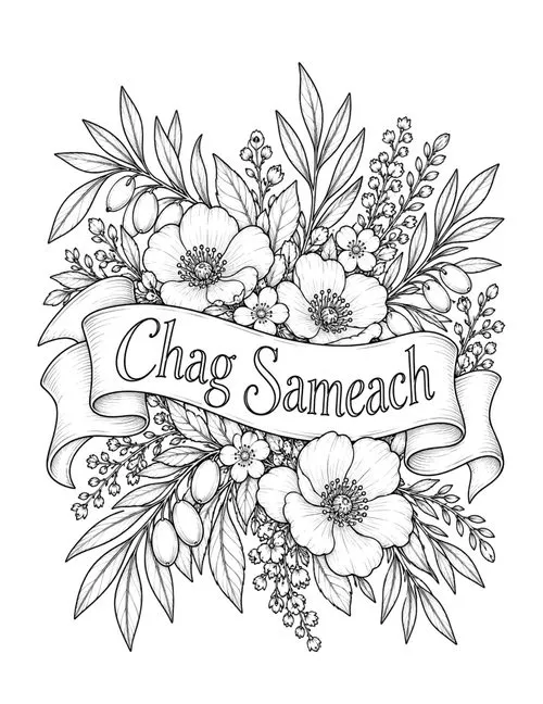 Free Sukkot coloring page preview: a Chag Sameach ribbon banner surrounded by hand-drawn flowers, olive branches, and leaves