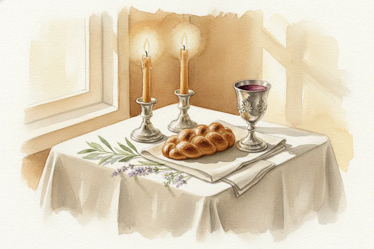 Watercolor painting of a family Sabbath table at golden hour with two lit beeswax candles, a small braided challah loaf, and a cup of grape juice