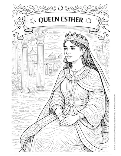 Preview of the free hand-illustrated Queen Esther coloring page