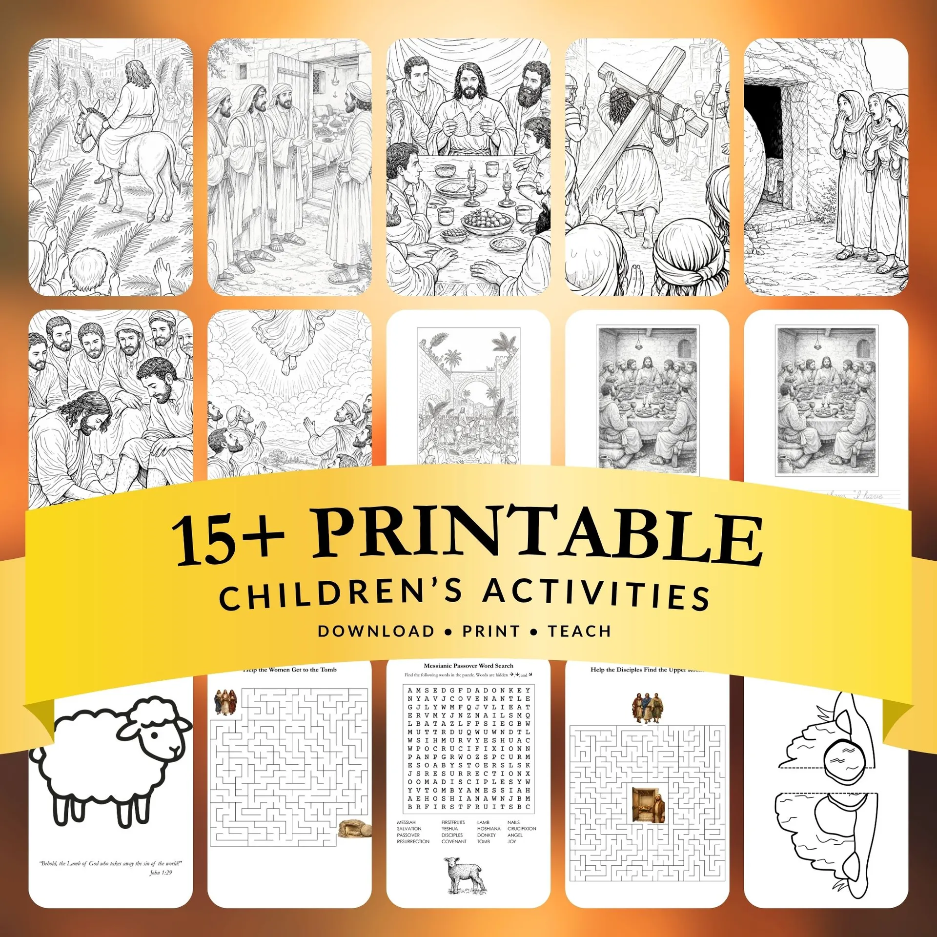 Example pages from the Messianic Passover activity book showing coloring and activities