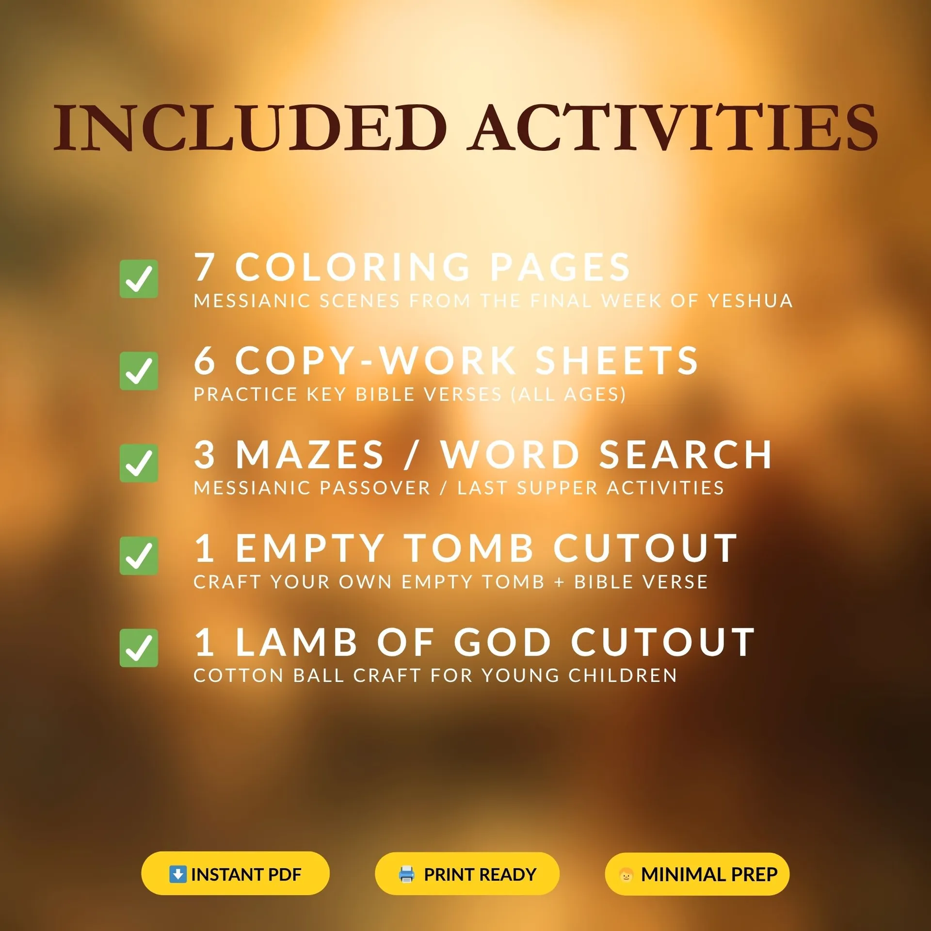 Overview of included activities: coloring pages, crafts, copywork, and puzzles