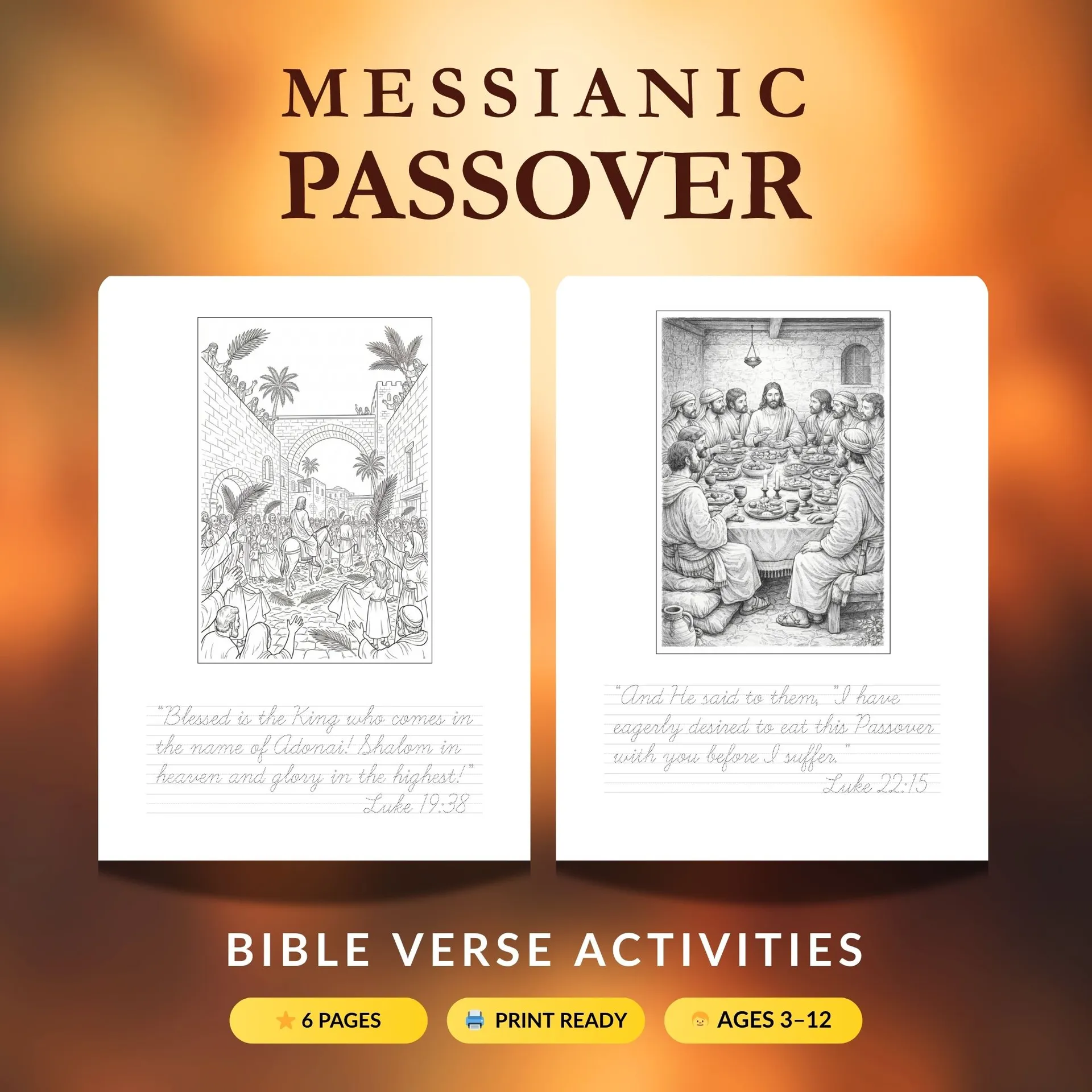 Messianic Passover Bible verse copywork pages for kids featuring Gospel scripture tracing