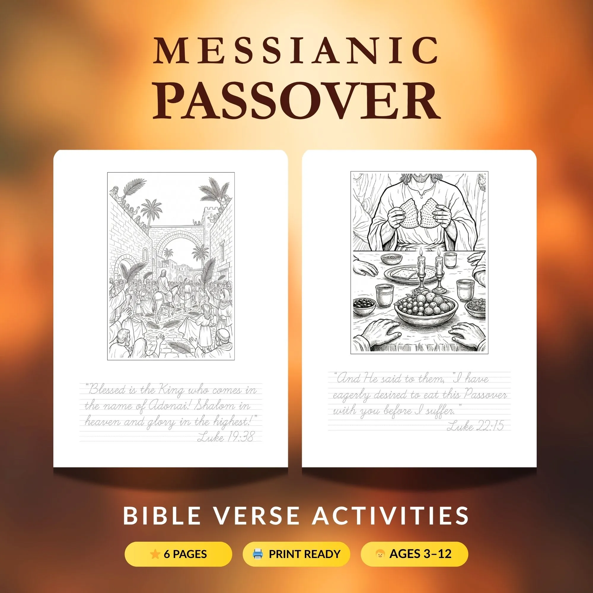 Messianic Passover Bible verse copywork pages for kids featuring Gospel scripture tracing