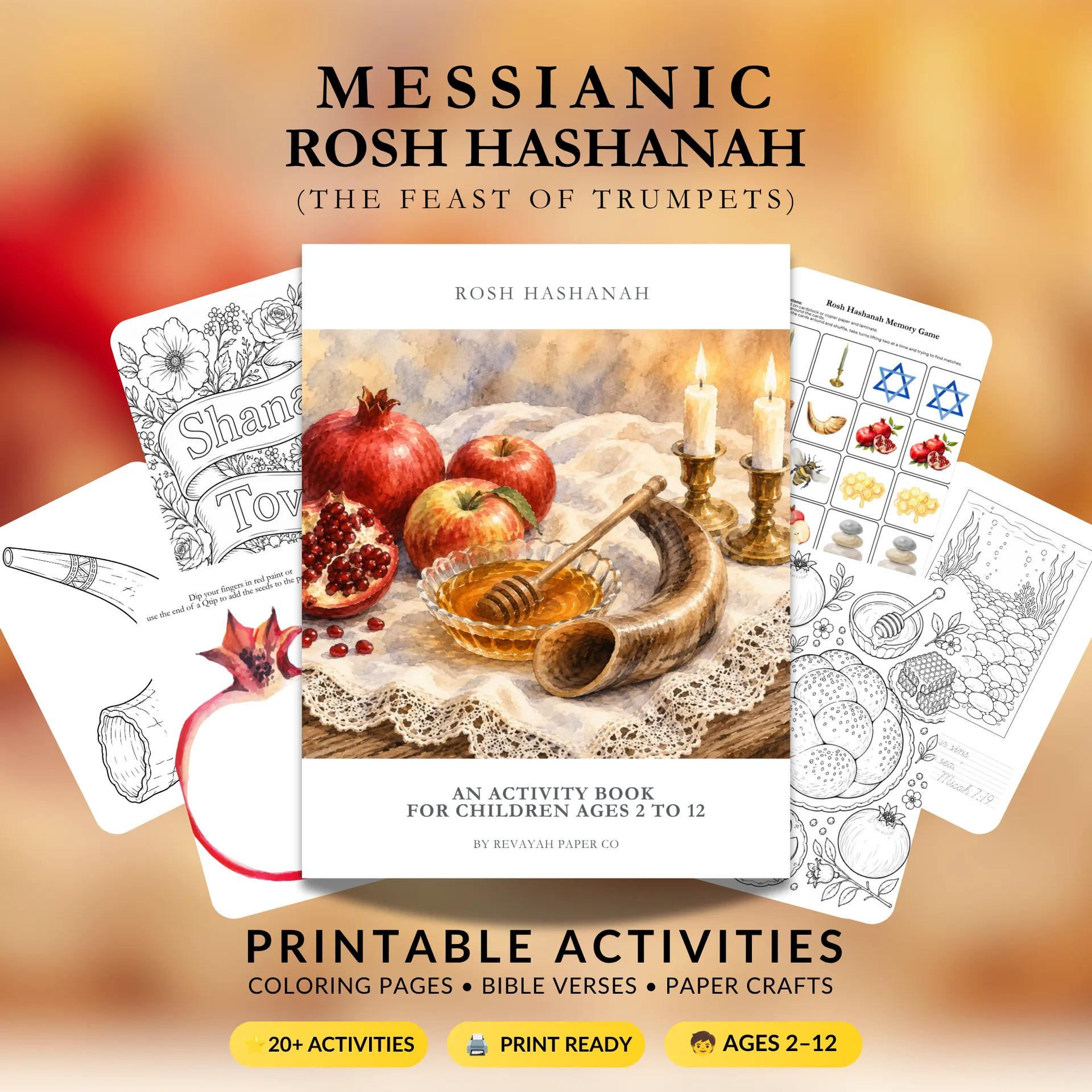 Messianic Rosh Hashanah printable activity bundle for kids featuring the shofar, apples and honey, and Feast of Trumpets coloring and copywork pages