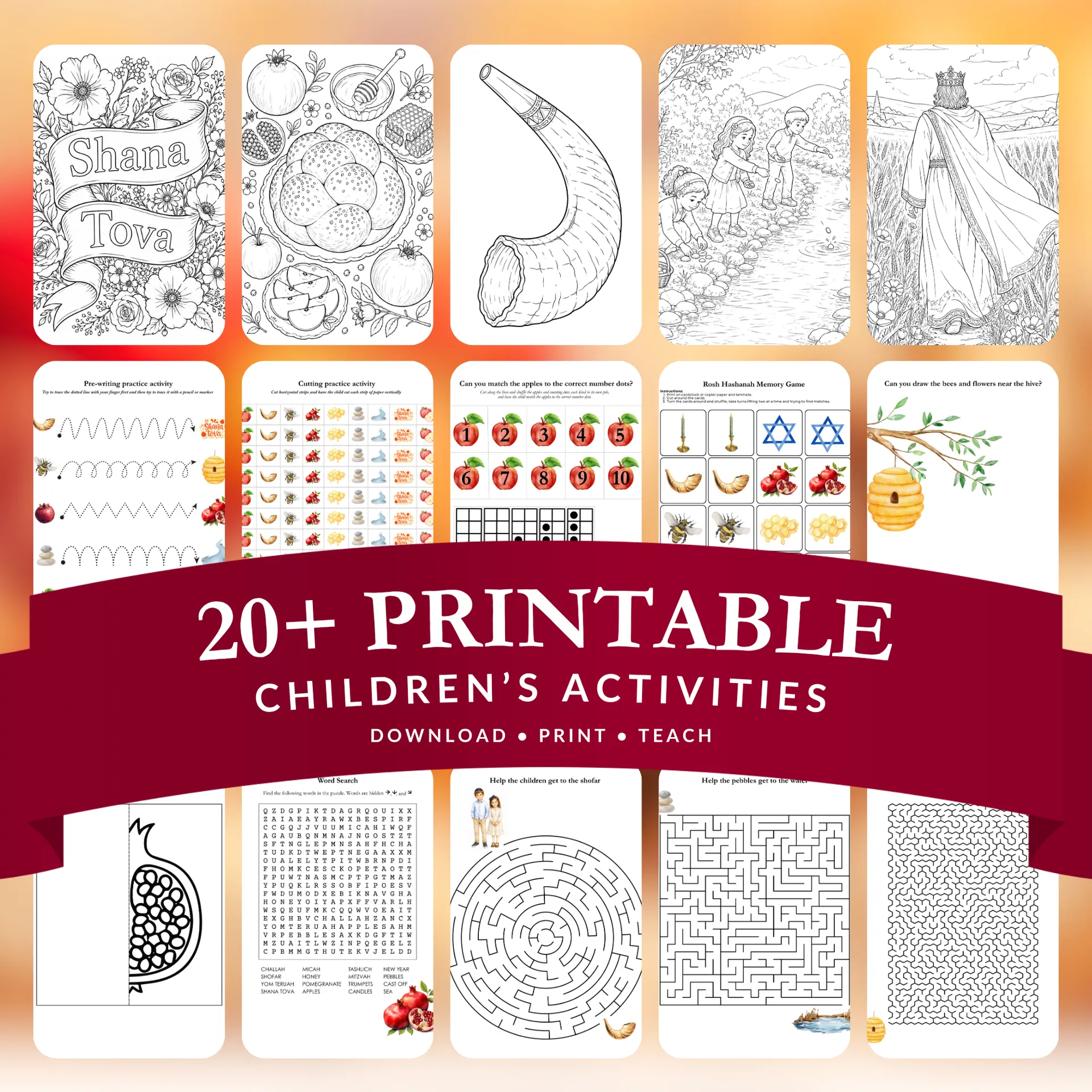 Example pages from the Messianic Rosh Hashanah activity bundle showing coloring pages, copywork, and puzzles
