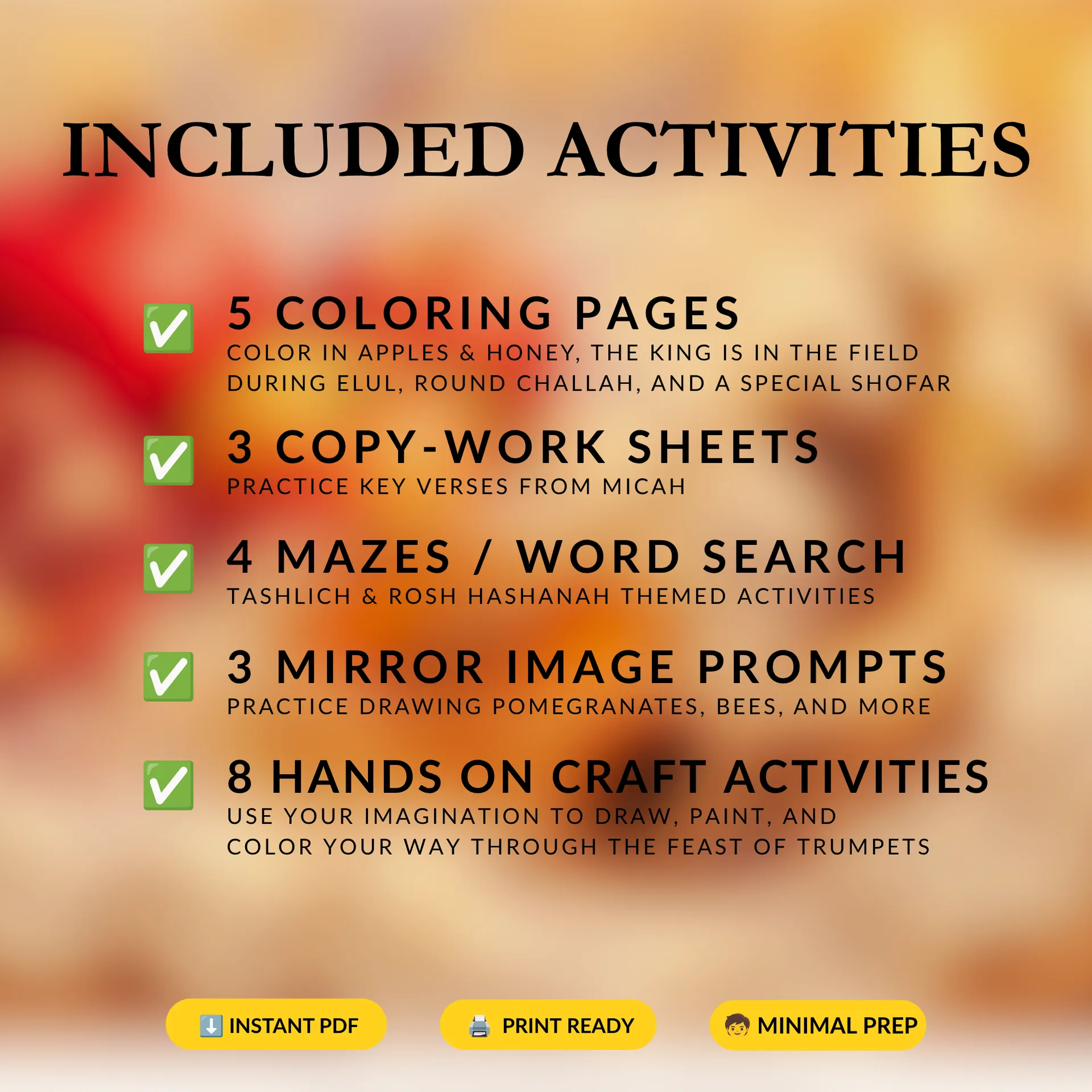 Overview of included Rosh Hashanah activities: coloring pages, copywork, memory card game, and puzzles