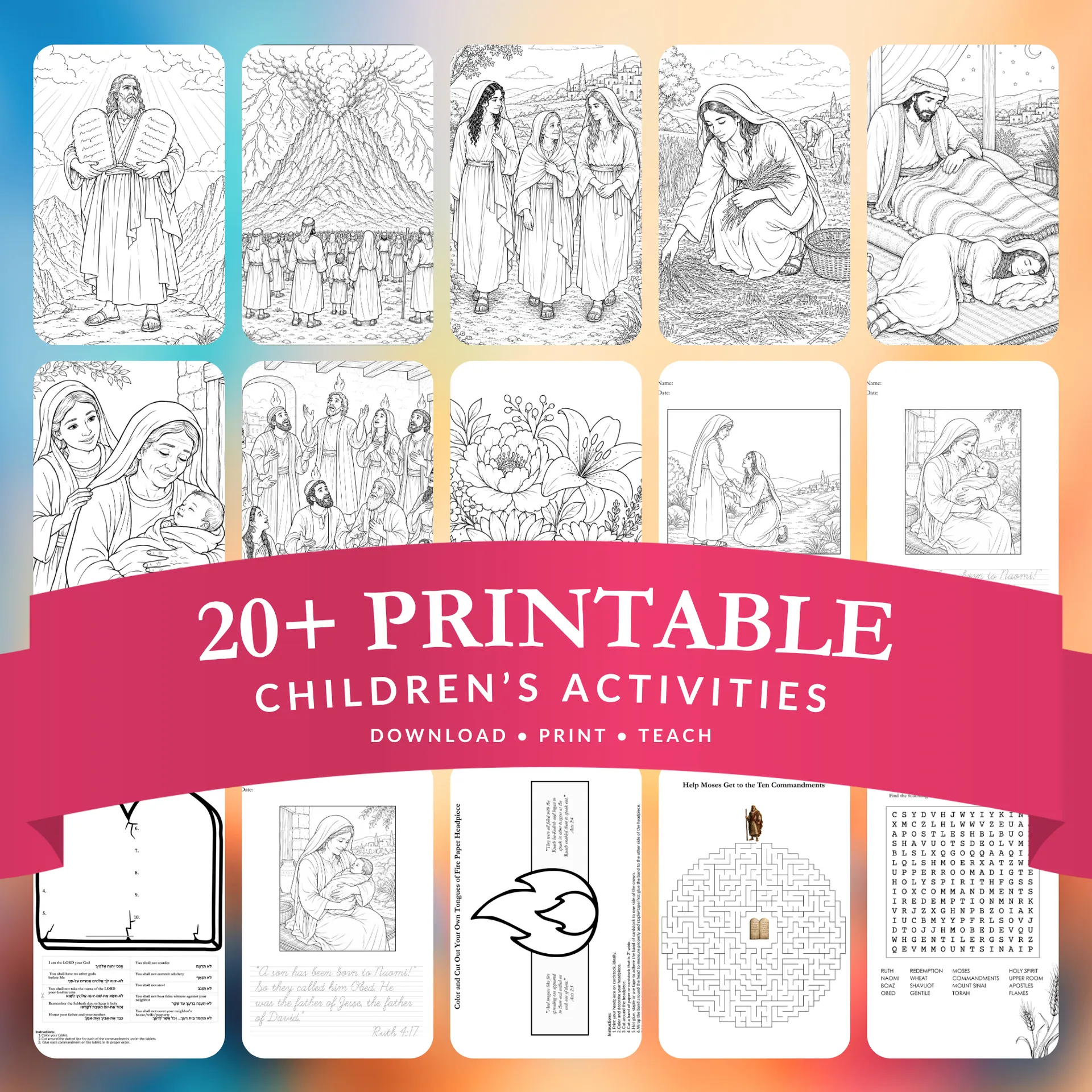 Example pages from the Messianic Shavuot activities for kids, examples of coloring pages, copywork, crafts, and puzzles
