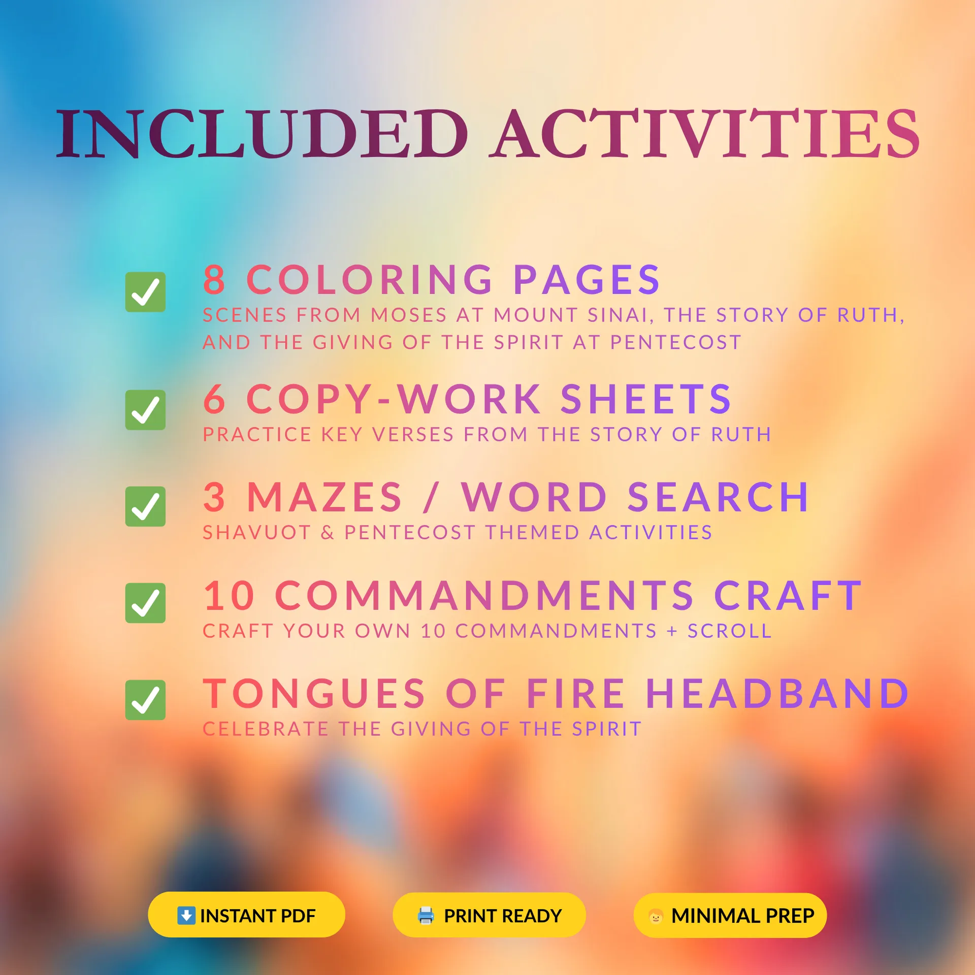 Overview of included Shavuot activities: coloring pages, copywork, crafts, and puzzles