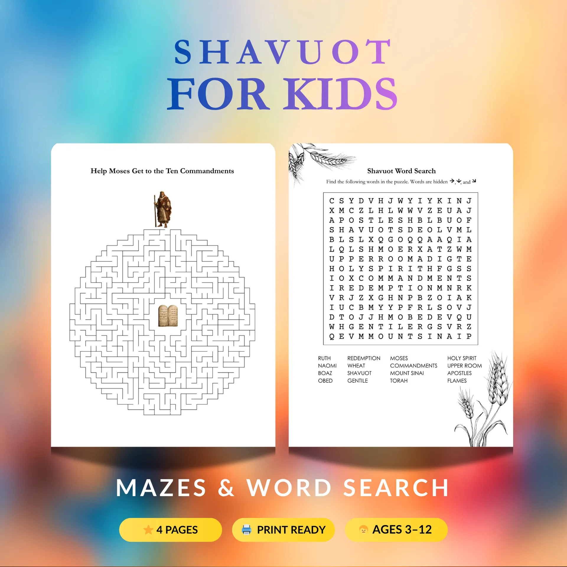 Messianic Shavuot mazes and word search printable activity pages for kids