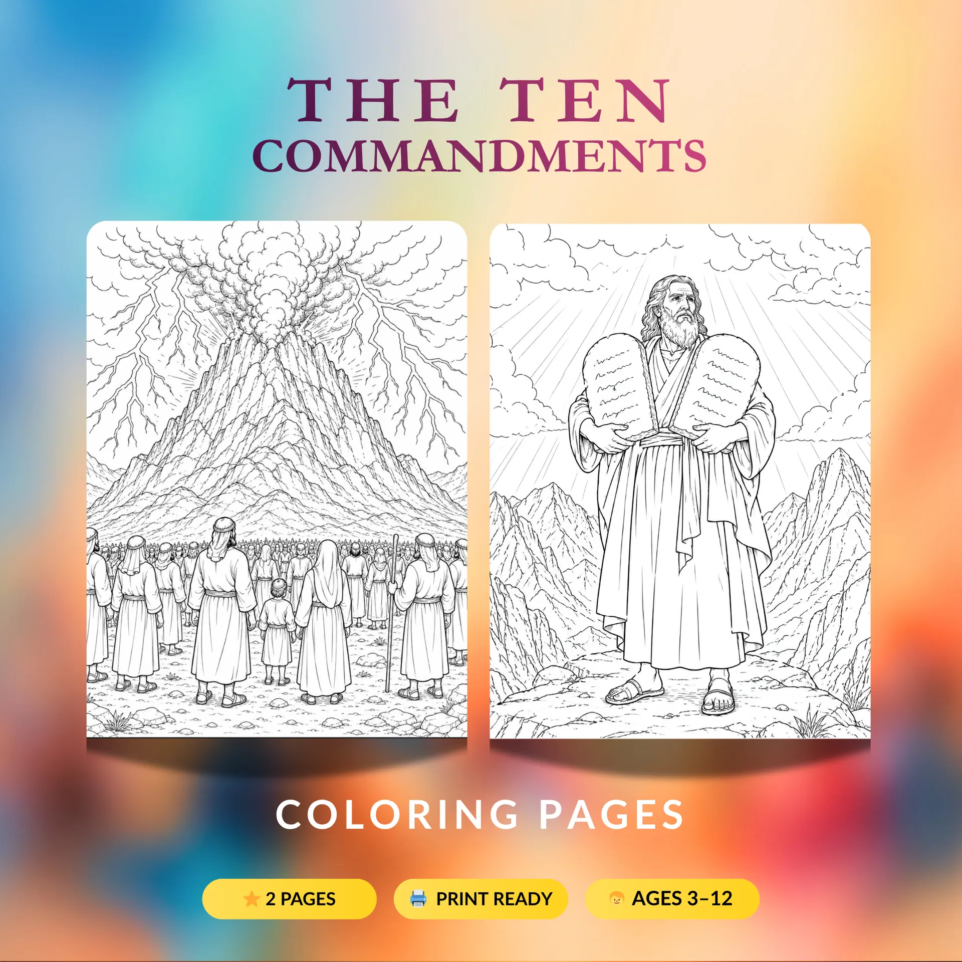 Moses and the Ten Commandments printable coloring pages for kids — Mount Sinai Shavuot Bible coloring