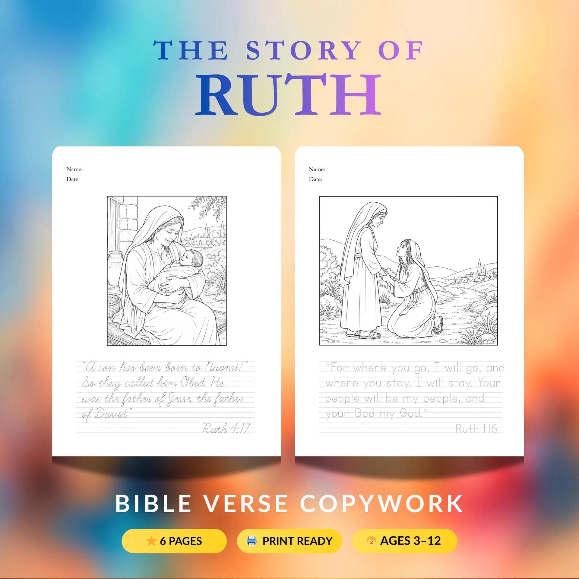 Story of Ruth scripture copywork pages for kids — Charlotte Mason-style handwriting from the book of Ruth
