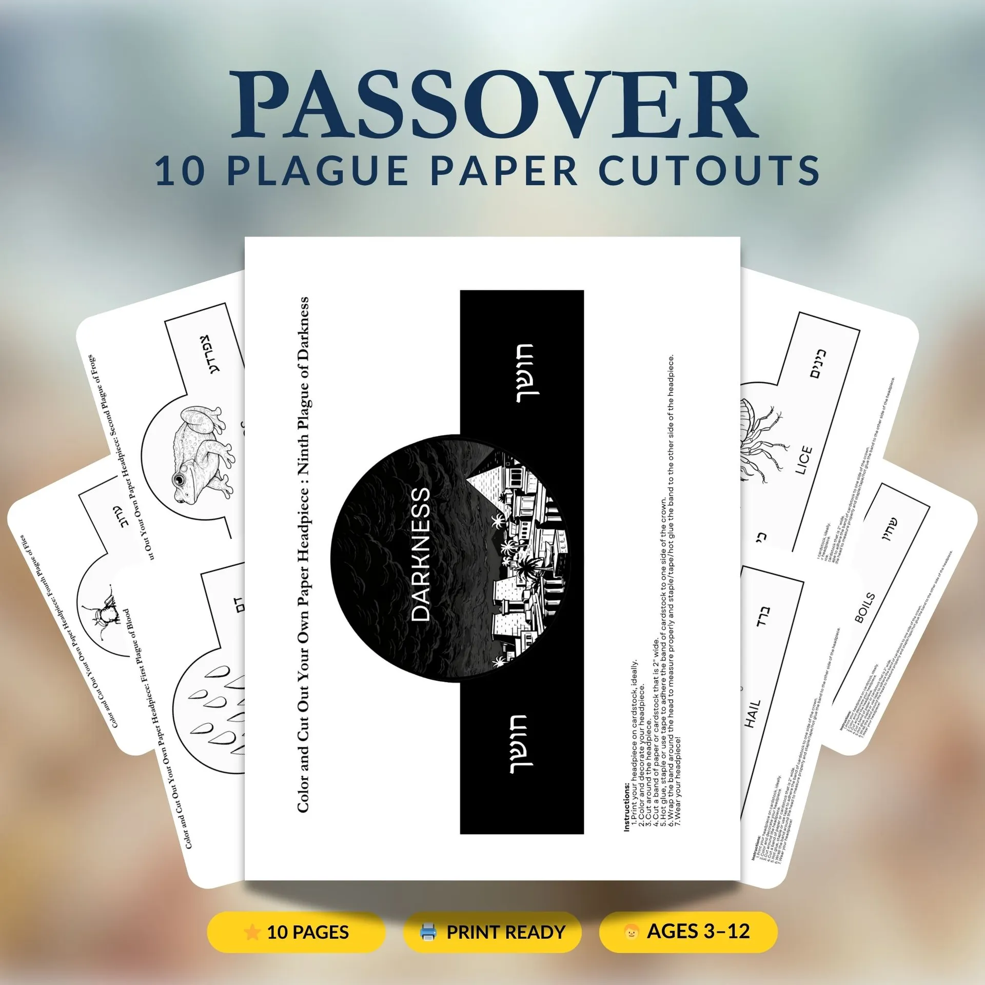 10 plagues of Egypt printable headband craft for kids with Hebrew text
