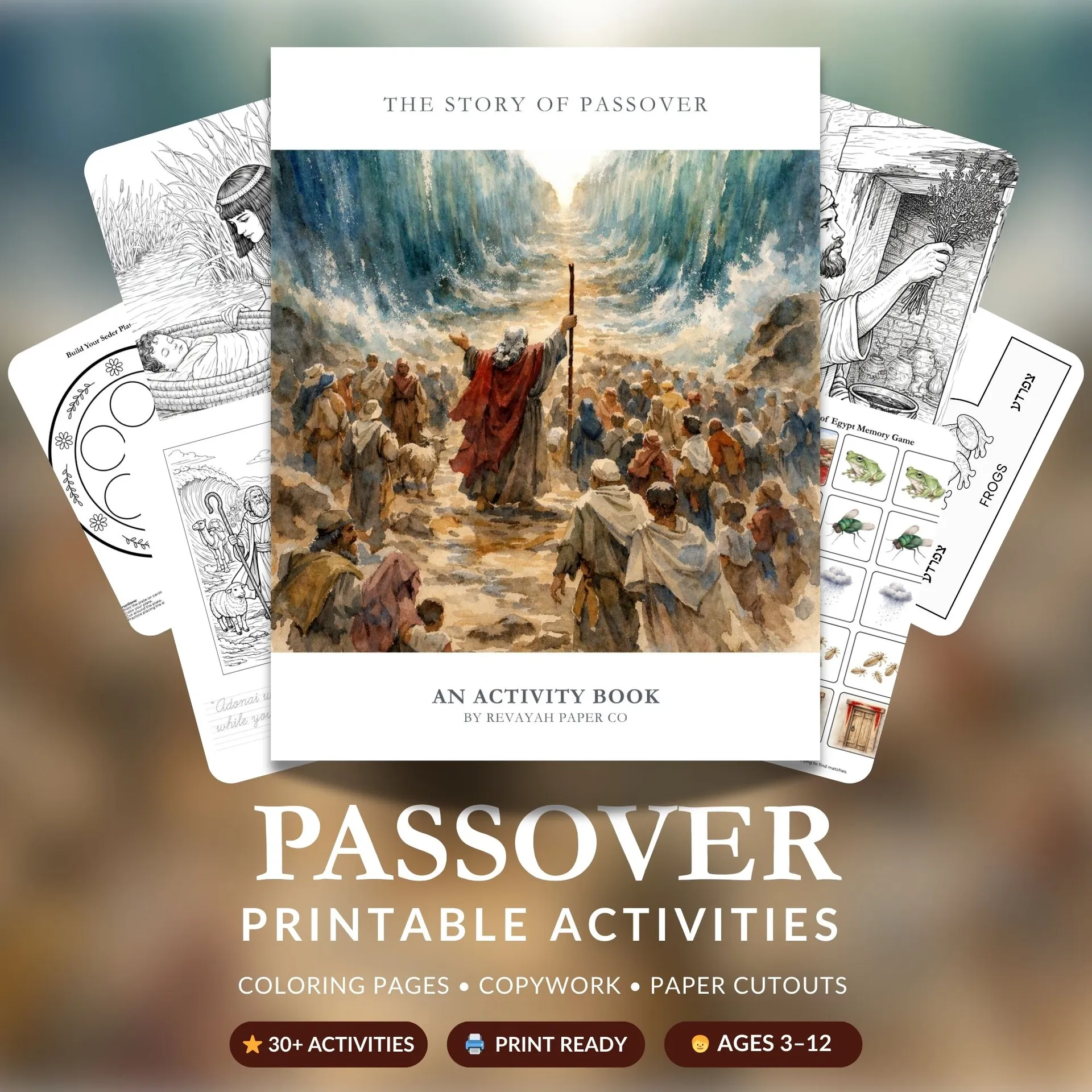 Passover Activity Bundle for Kids cover featuring Exodus coloring pages and crafts