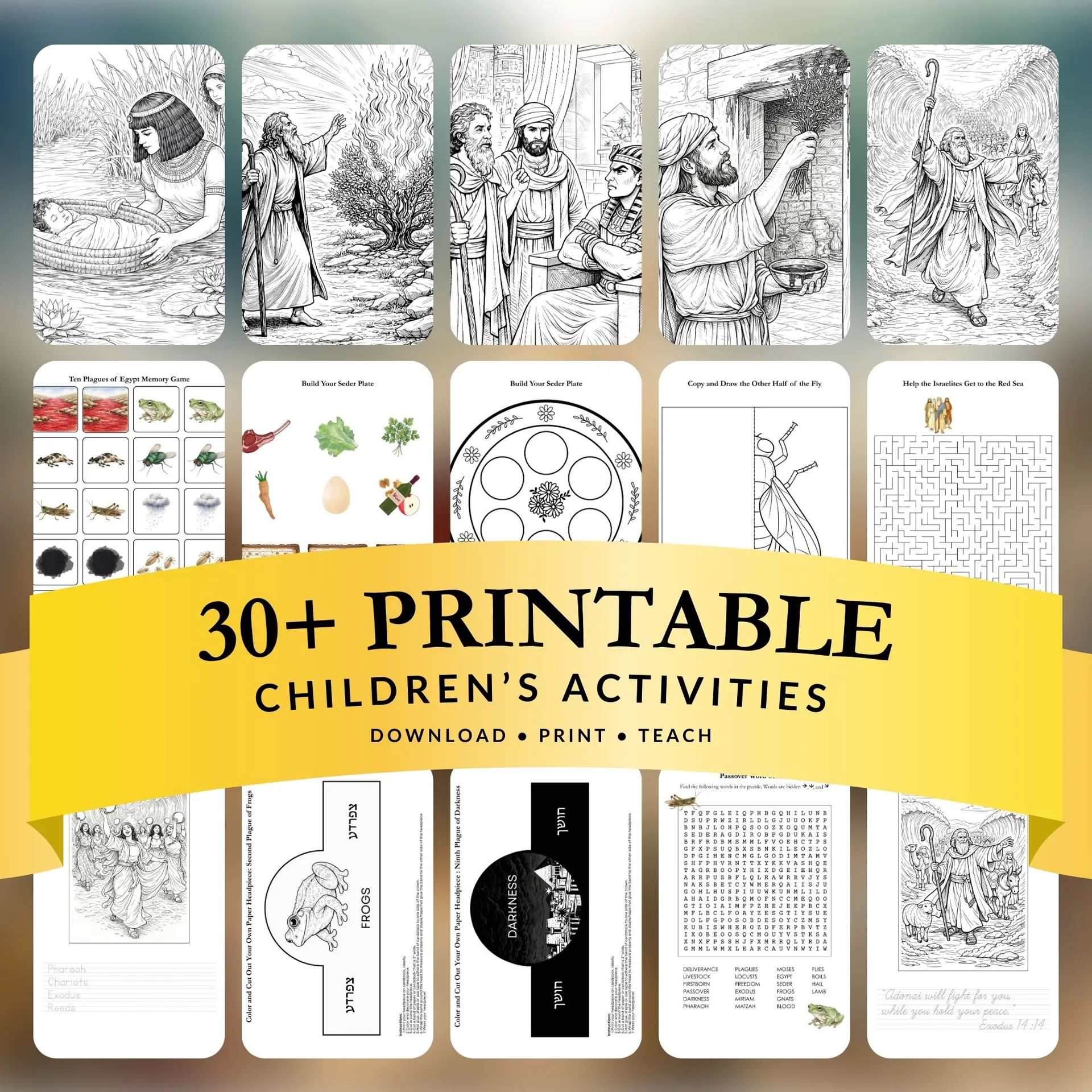 Example pages from the Passover Activity Bundle showing coloring and activities