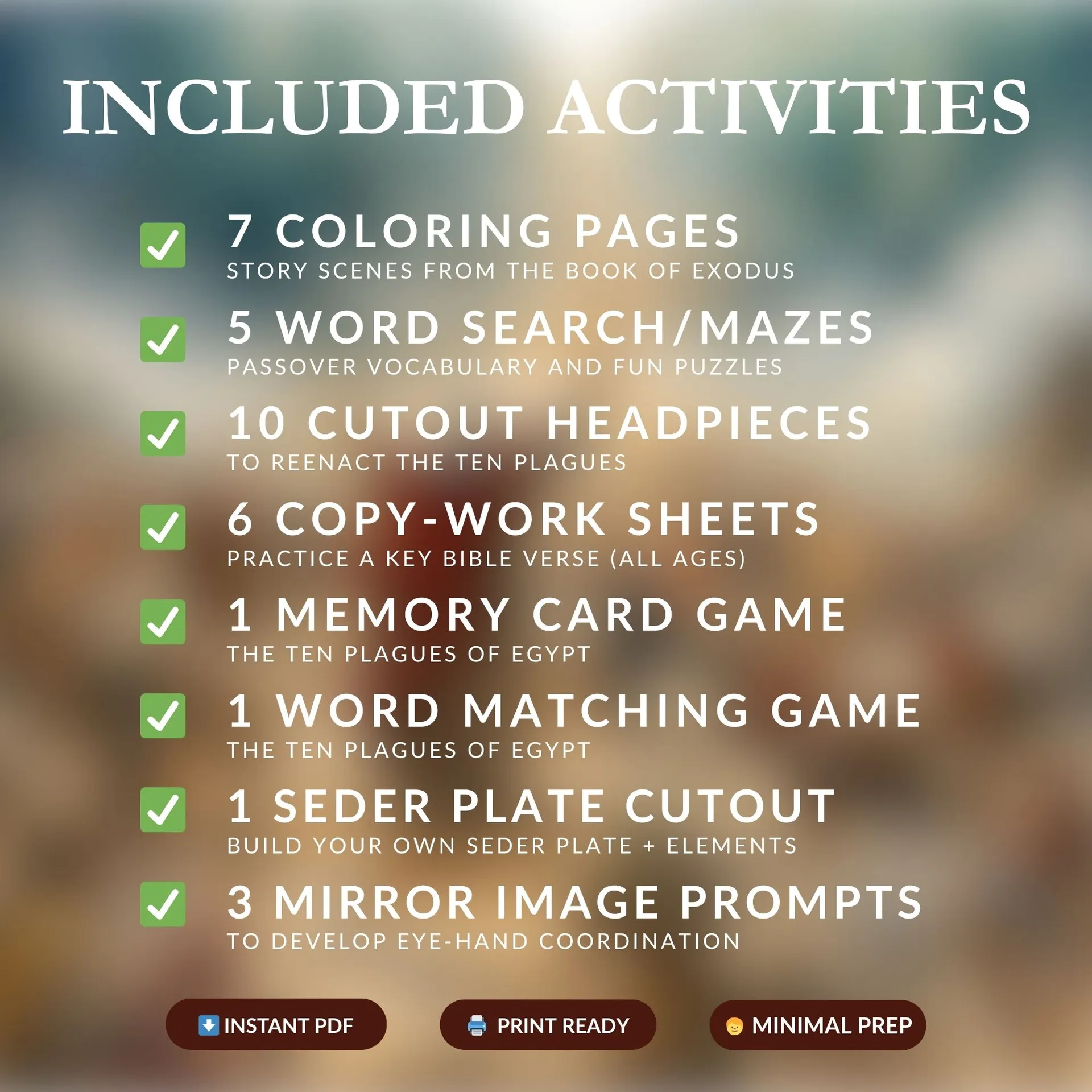 Overview of included activities: coloring pages, crafts, mazes, and scripture copy-work