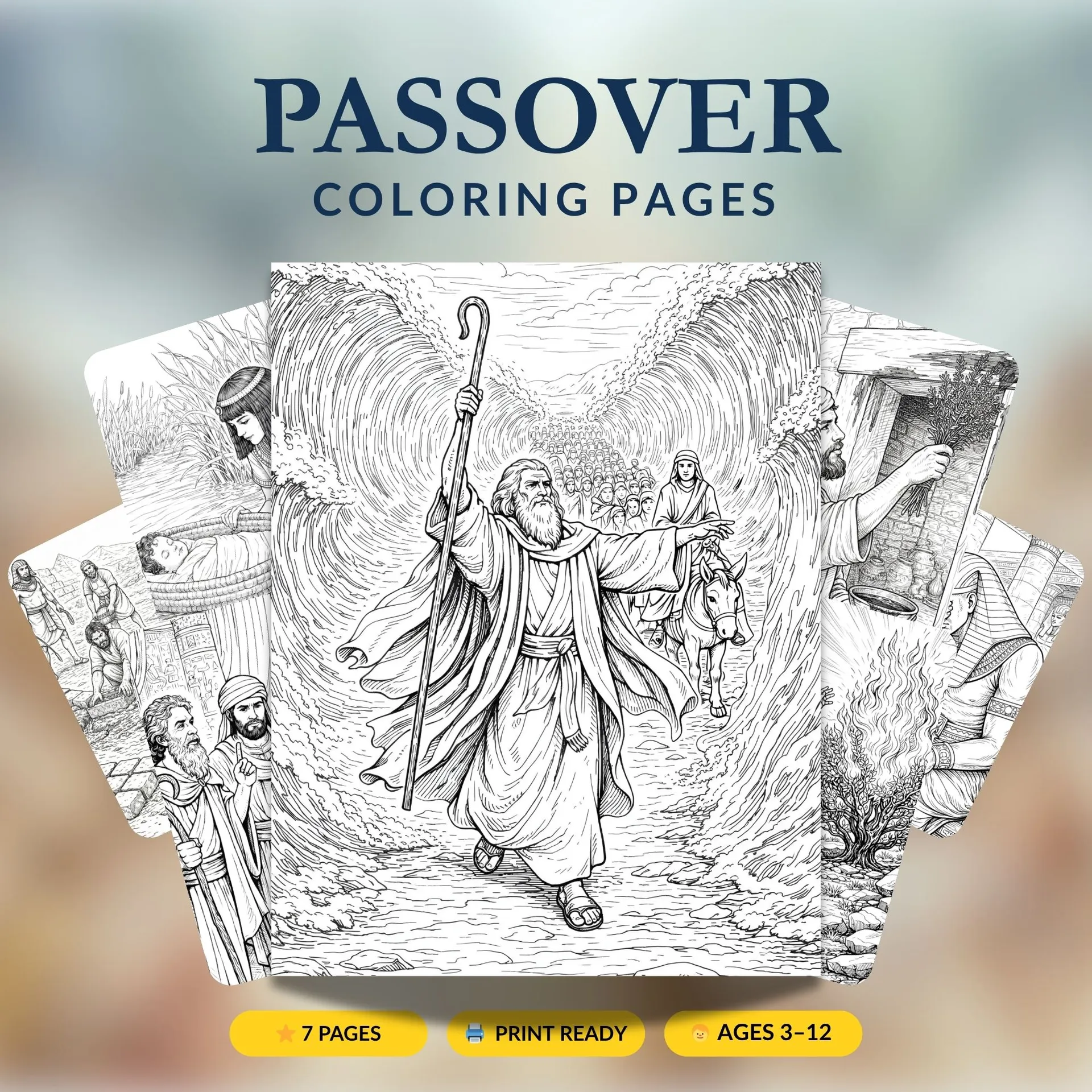 Passover Exodus story coloring pages for kids featuring Moses and the Red Sea