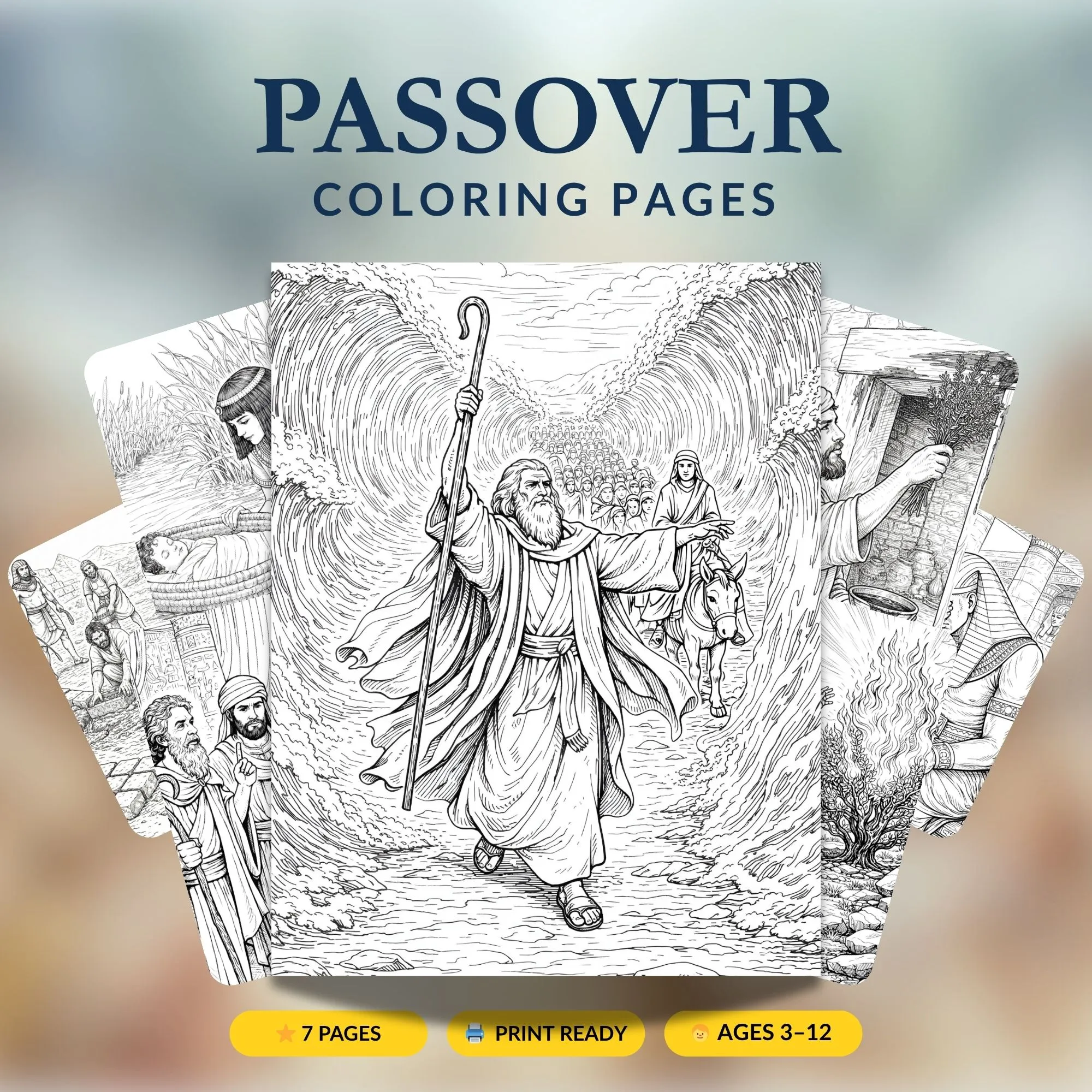 Passover Exodus story coloring pages for kids featuring Moses and the Red Sea