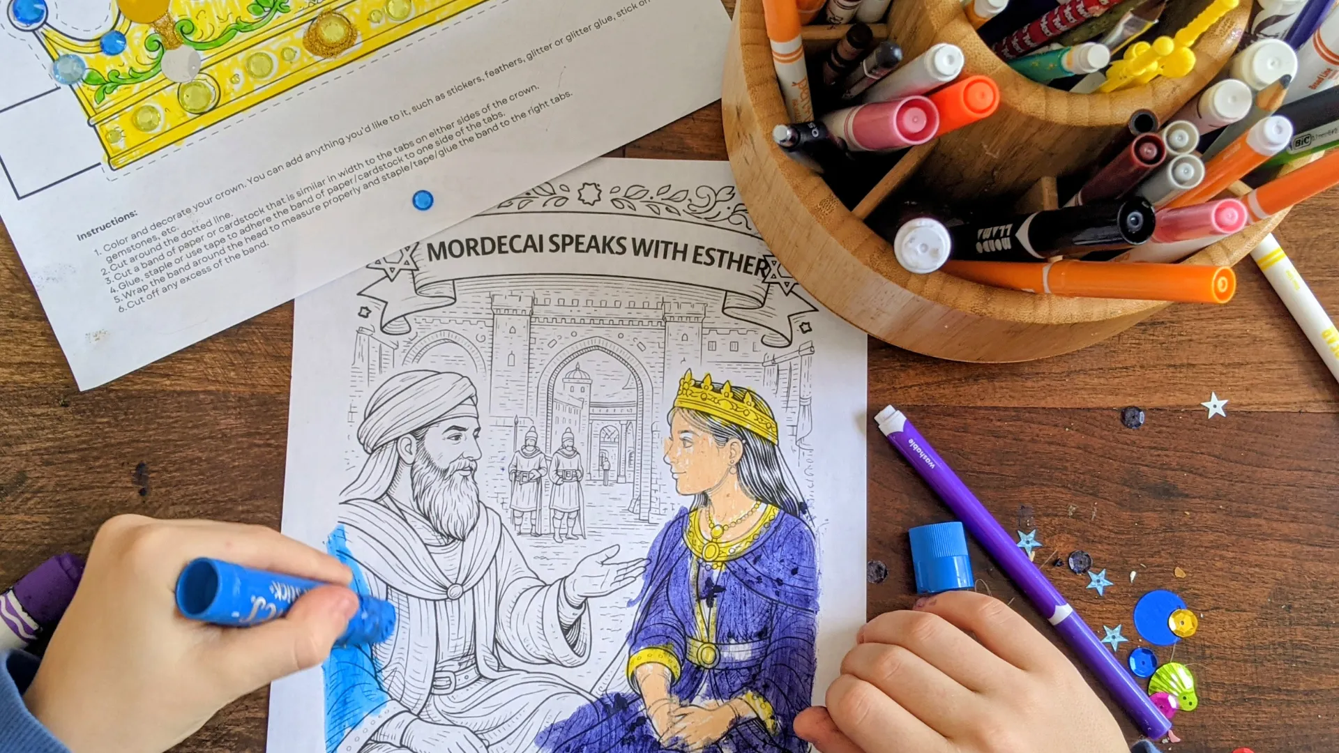 Child coloring the Mordecai Speaks with Esther page