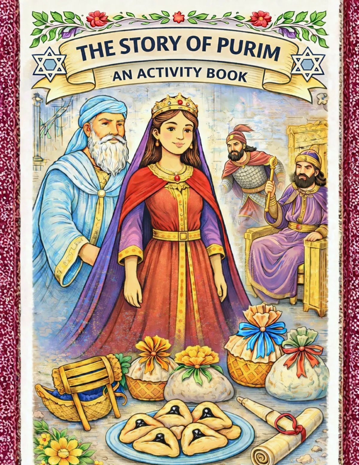 The Story of Purim activity book cover featuring Queen Esther, Mordecai, and hamantaschen