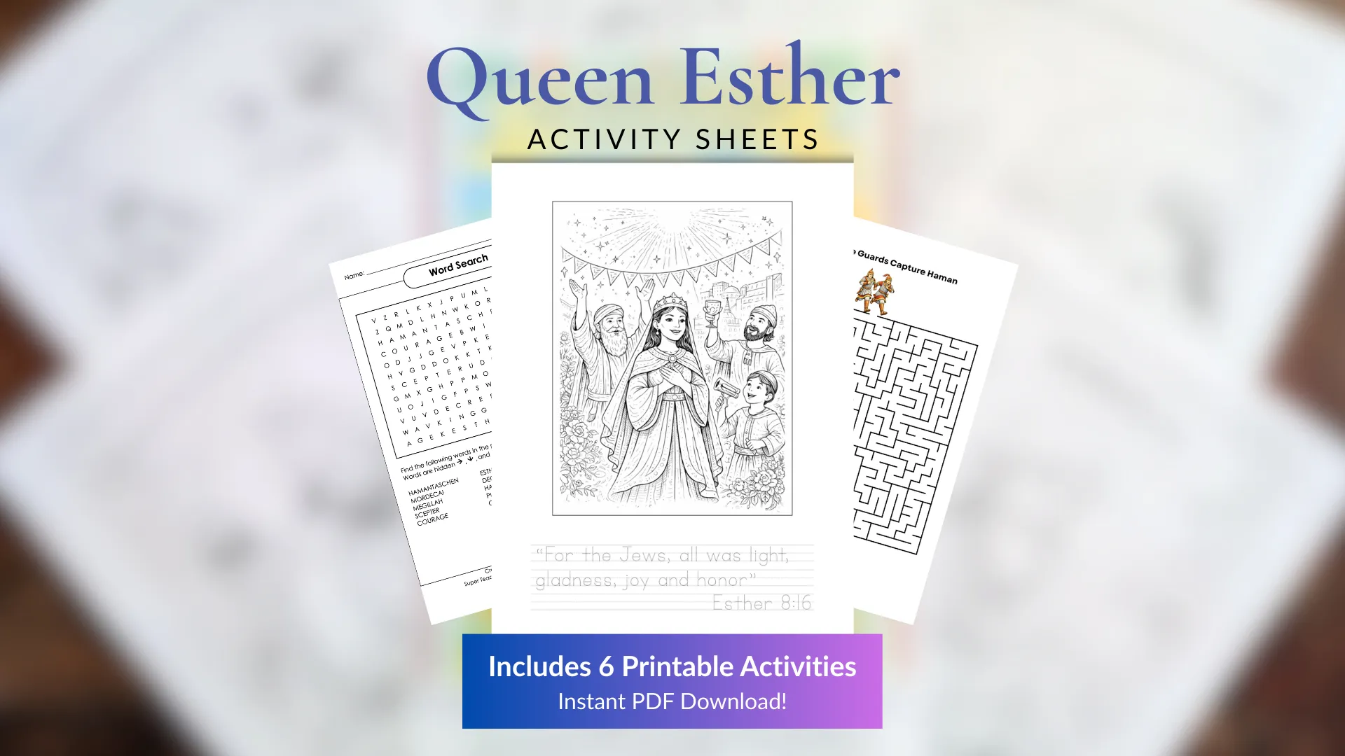 Queen Esther Bible copywork and activity sheets for kids
