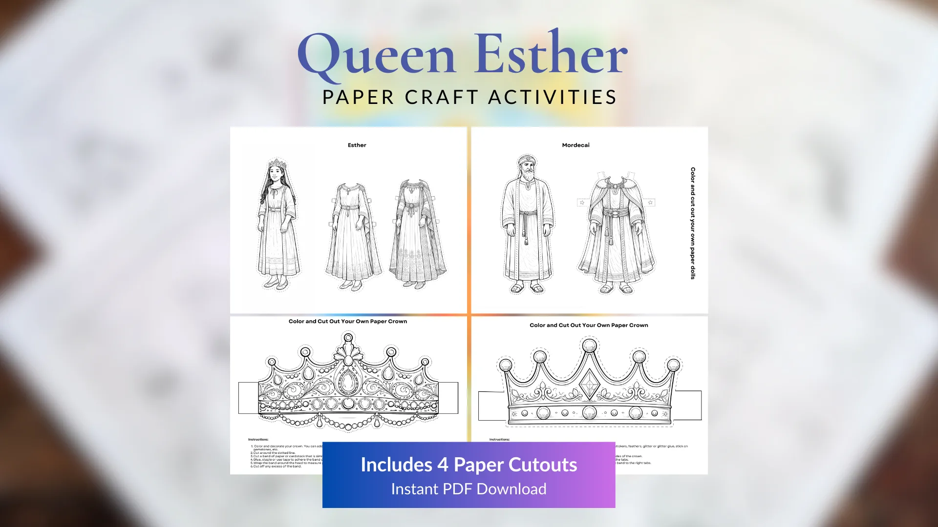 Printable Queen Esther and Mordecai paper doll and crown craft pages