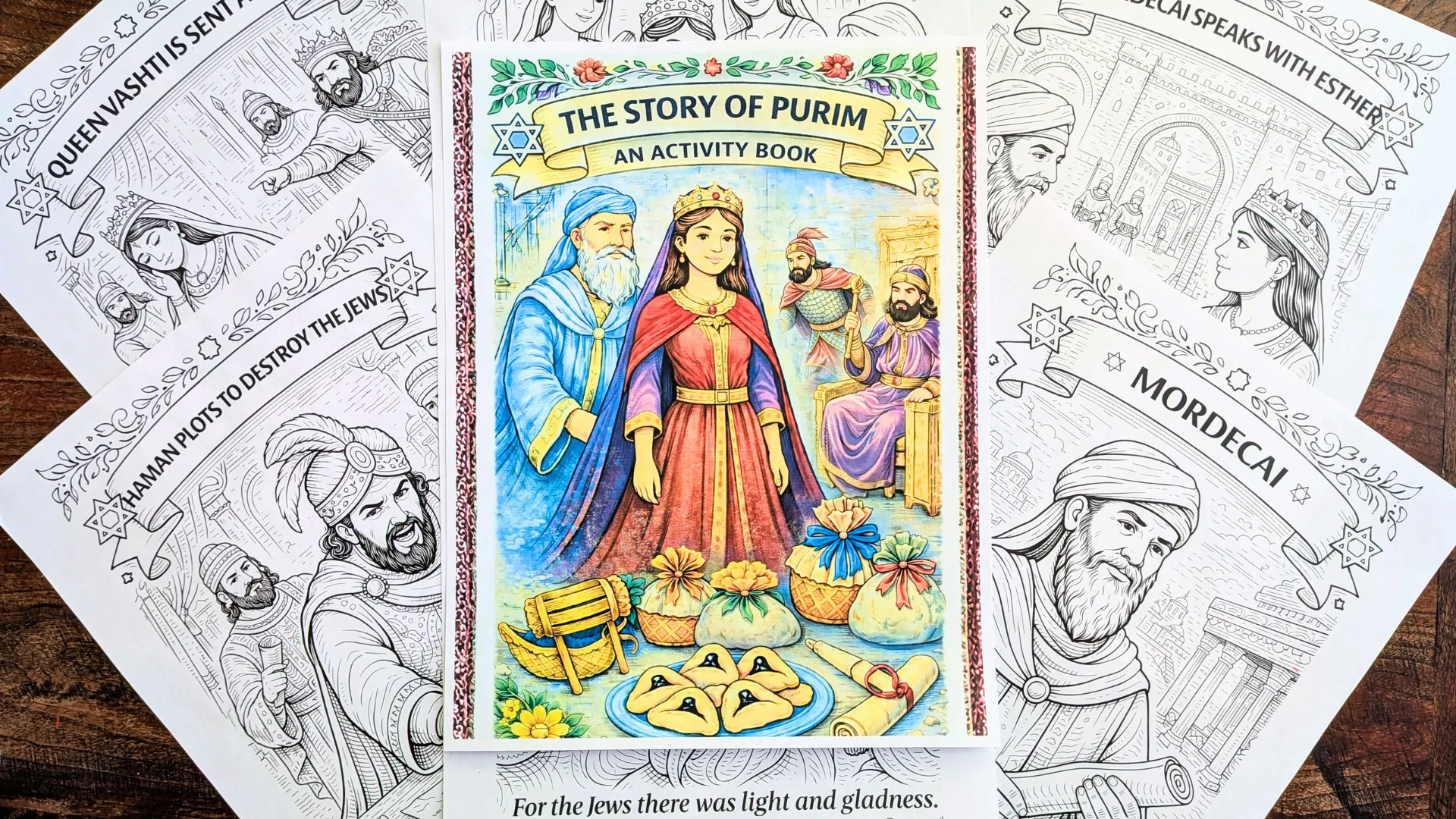 The Story of Purim coloring and activity book cover featuring Queen Esther