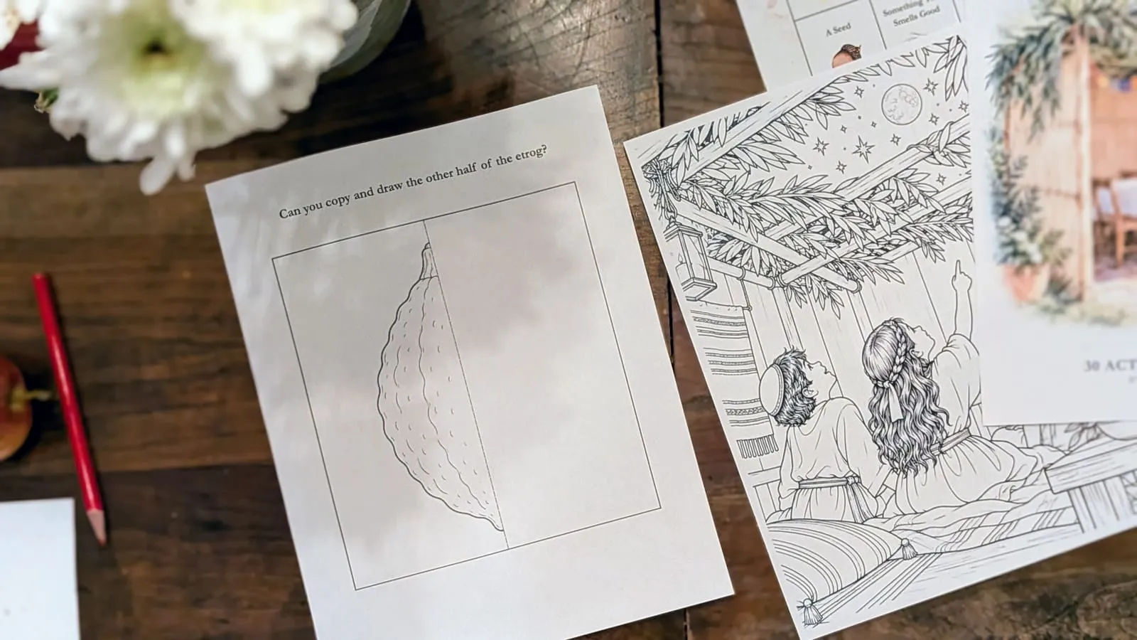 The etrog symmetry drawing page beside the stargazing sukkah coloring page and the bundle cover, with white flowers and a red pencil