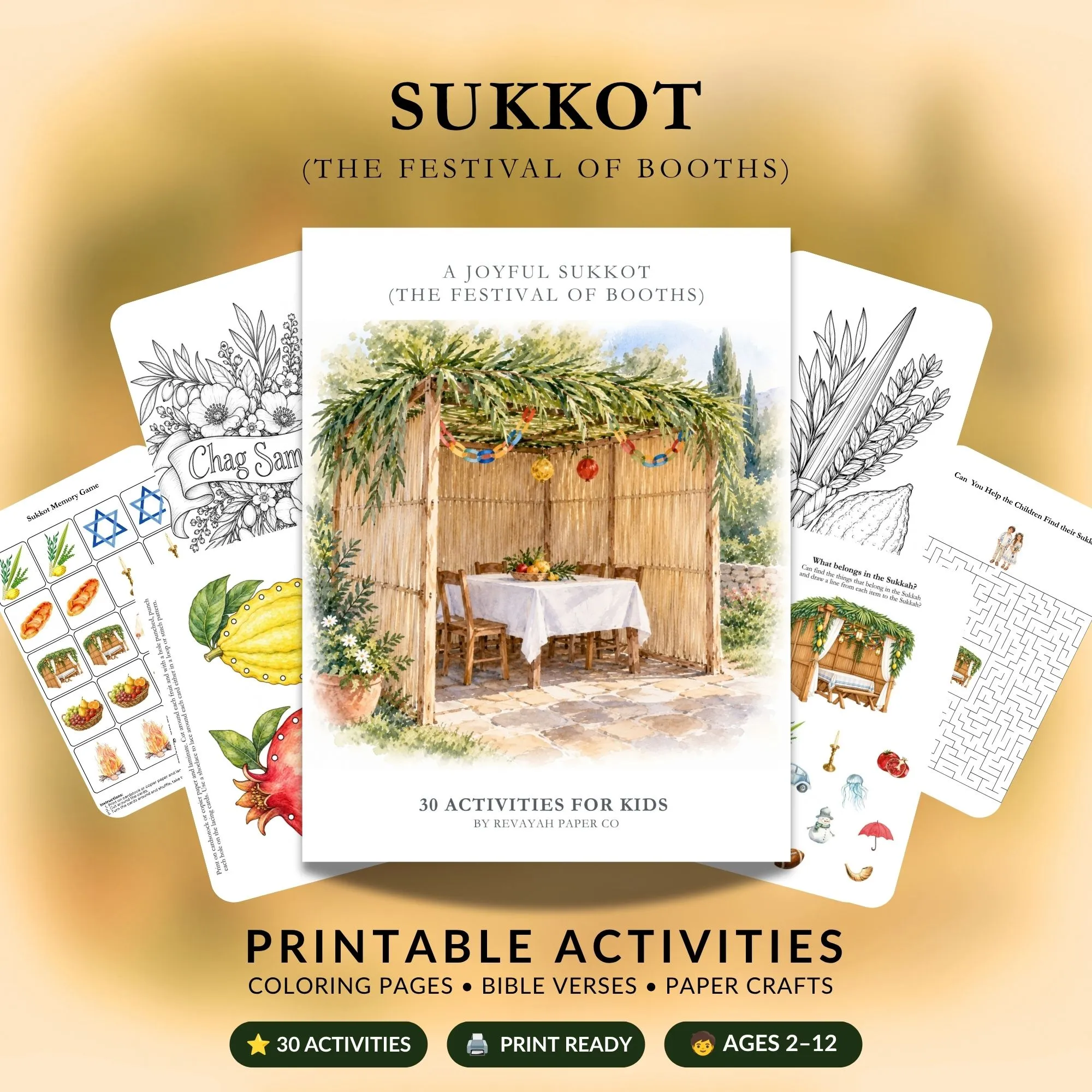 Sukkot (Feast of Tabernacles) printable activity book cover with a watercolor sukkah and set table, surrounded by fanned-out pages: a Chag Sameach coloring page, a memory game, lacing cards, a lulav and etrog coloring page, and a maze