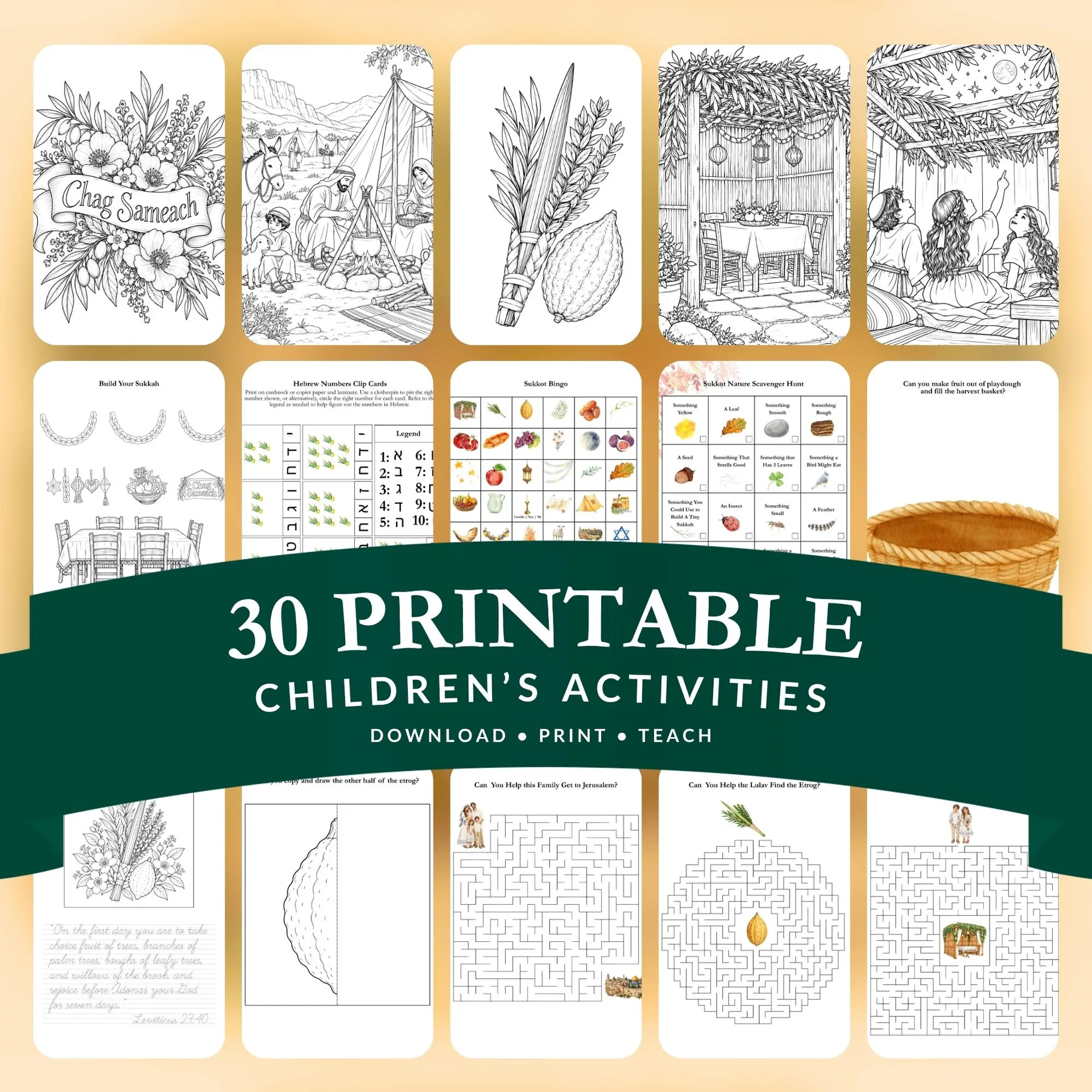 Collage of 30 printable Sukkot pages for kids, including coloring pages, a build-your-sukkah craft, Hebrew number clip cards, bingo, a nature scavenger hunt, copywork, and three mazes