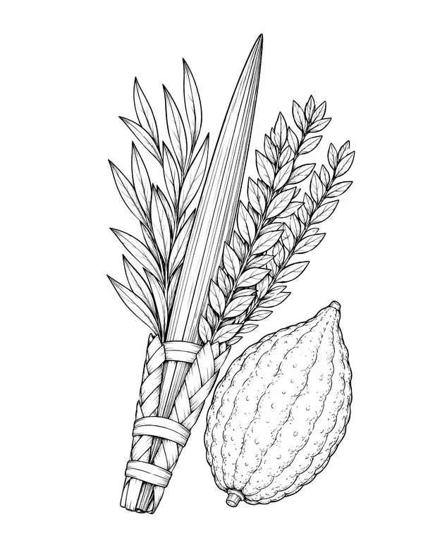 Coloring page of the four species of Sukkot: a lulav of palm, myrtle, and willow bound together beside an etrog citron